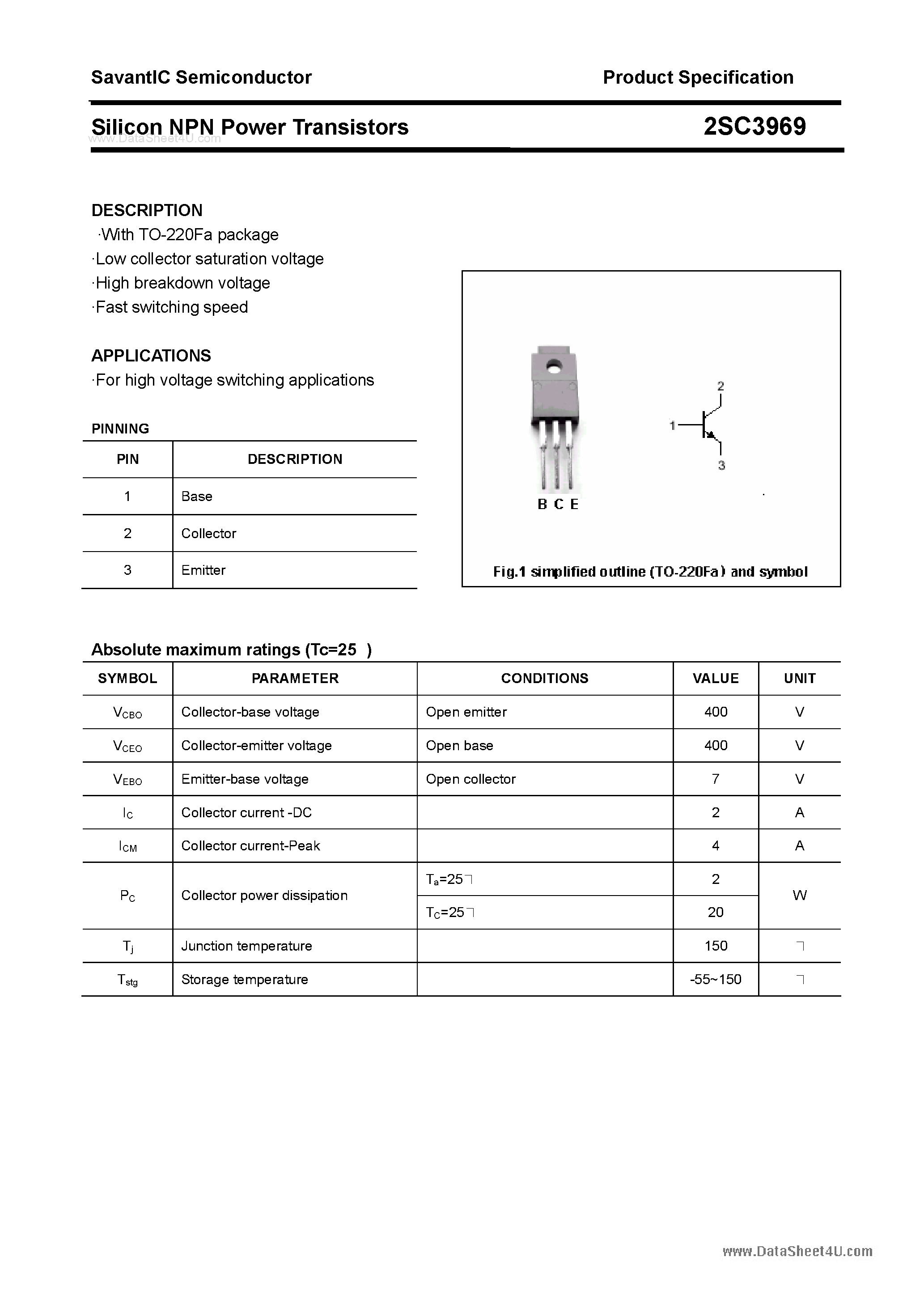 Даташит 2SC3969 - SILICON POWER TRANSISTOR страница 1