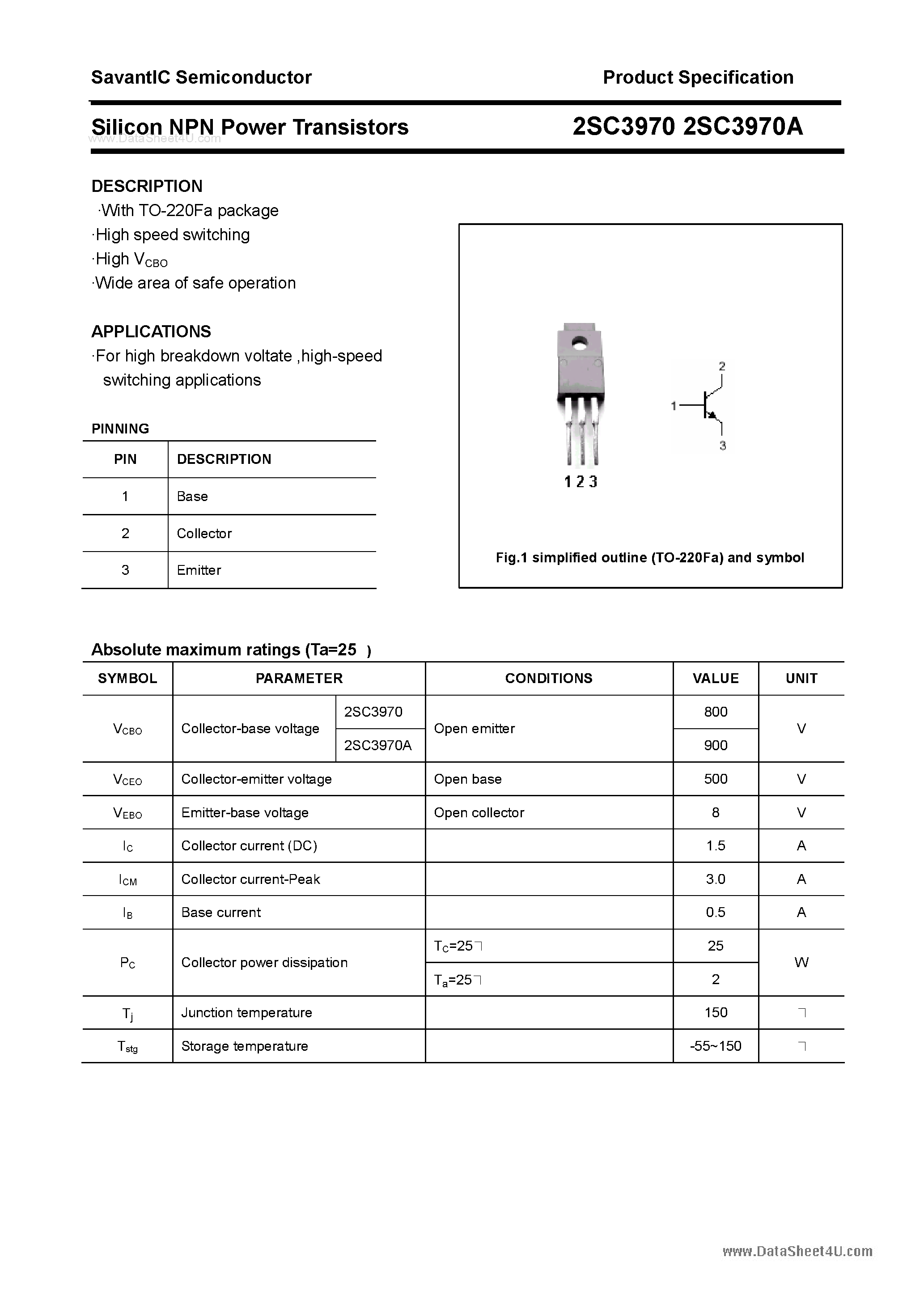 Даташит 2SC3970 - SILICON POWER TRANSISTOR страница 1