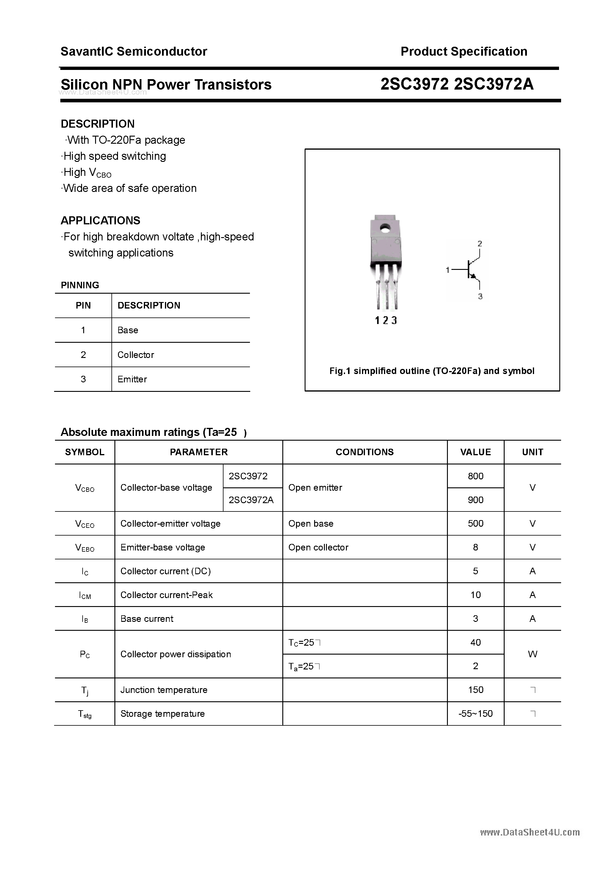 Даташит 2SC3972 - SILICON POWER TRANSISTOR страница 1