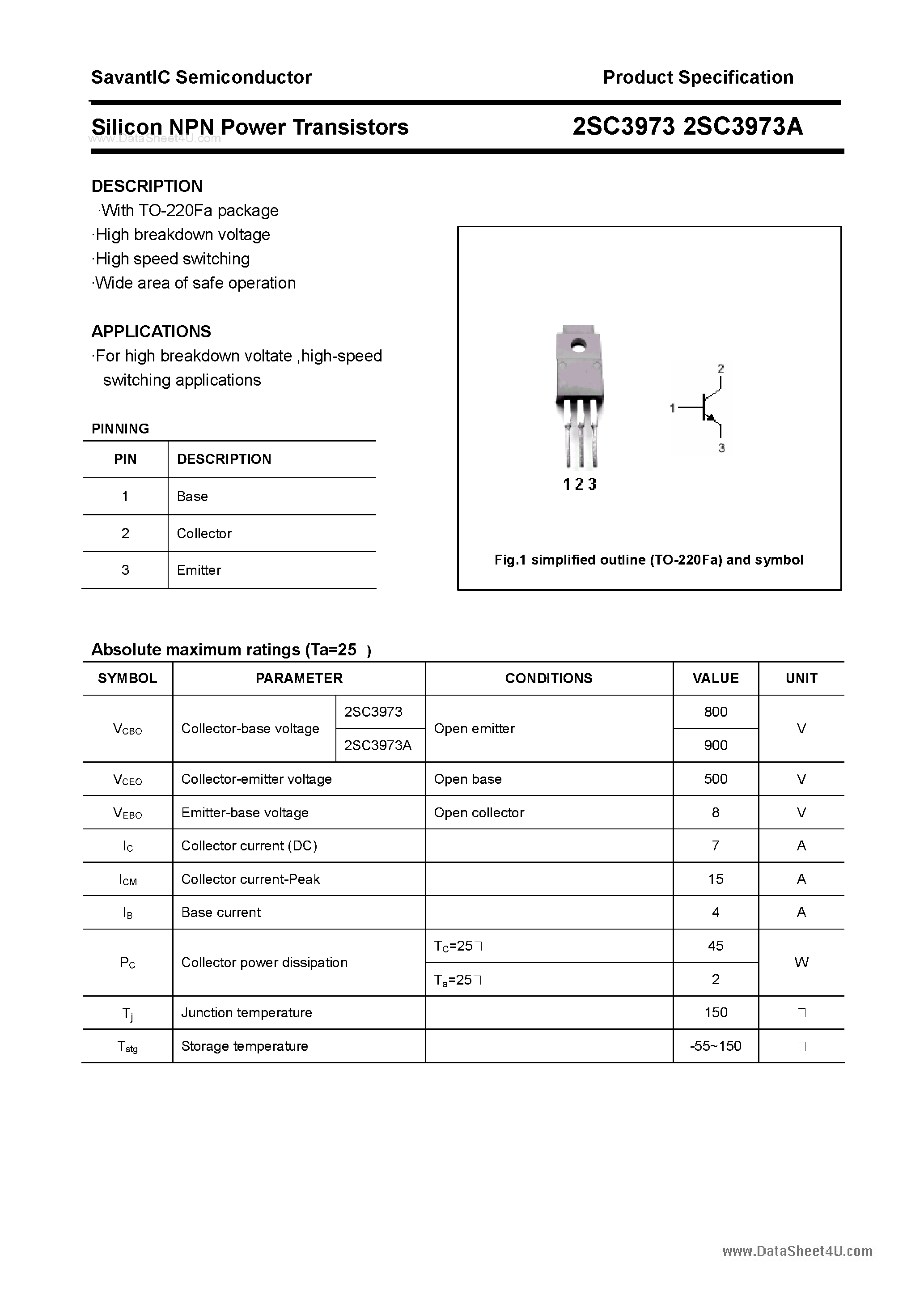 Даташит 2SC3973 - SILICON POWER TRANSISTOR страница 1