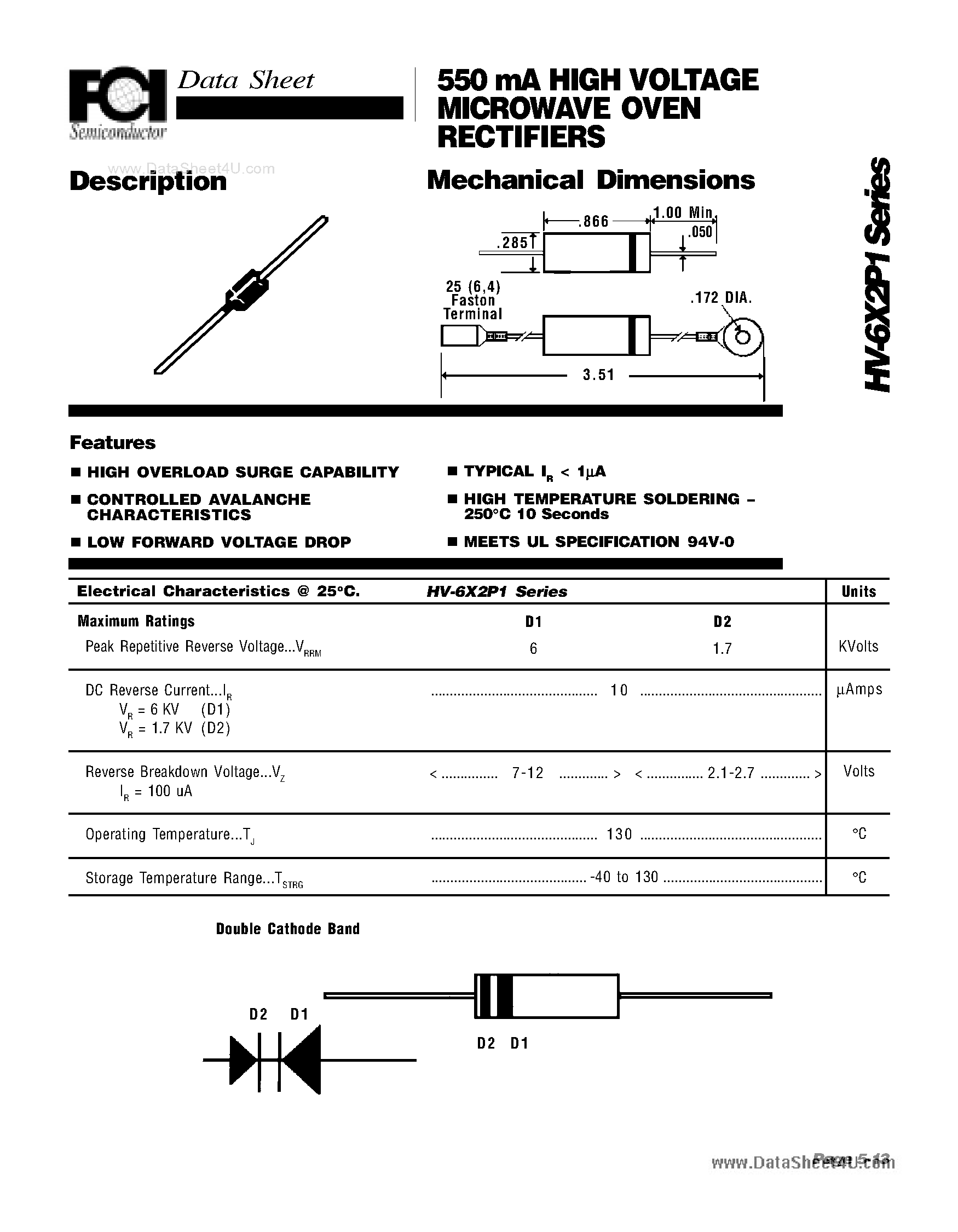 Datasheet HV-6X2P1 - 550 mA HIGH VOLTAGE MICROWAVE OVEN RECTIFIERS page 1