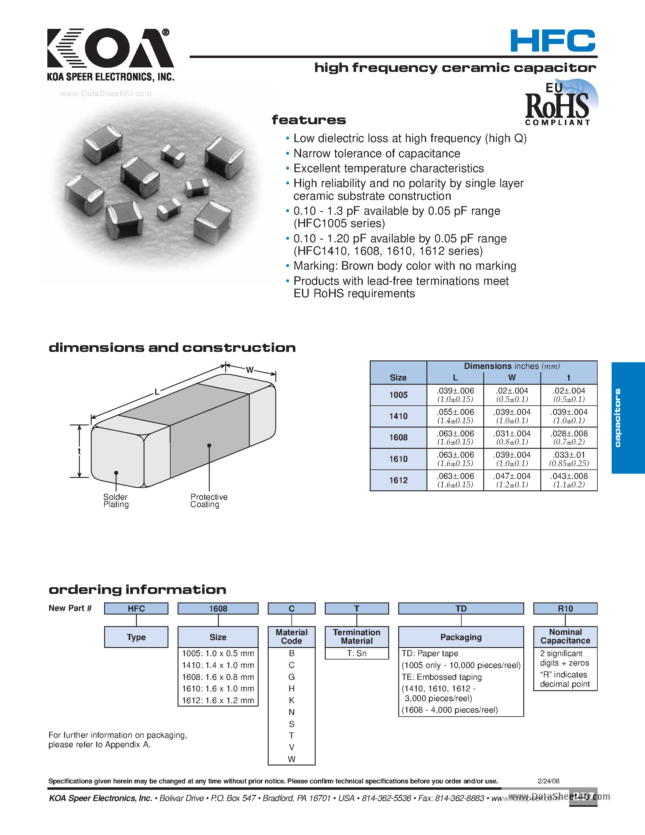 Datasheet HFC1005 - high frequency ceramic capacitor page 1