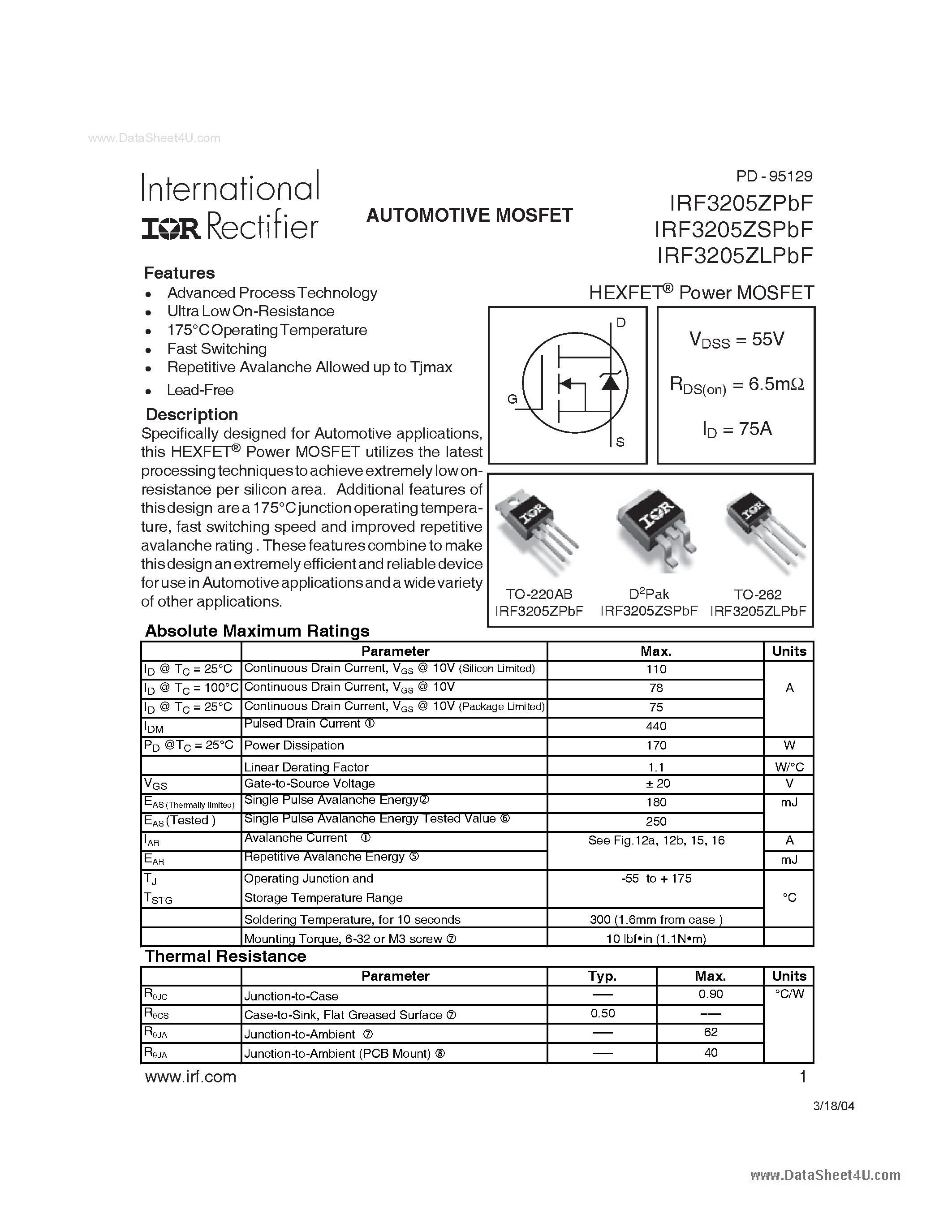 Datasheet IRF3205ZLPbF - AUTOMOTIVE MOSFET page 1