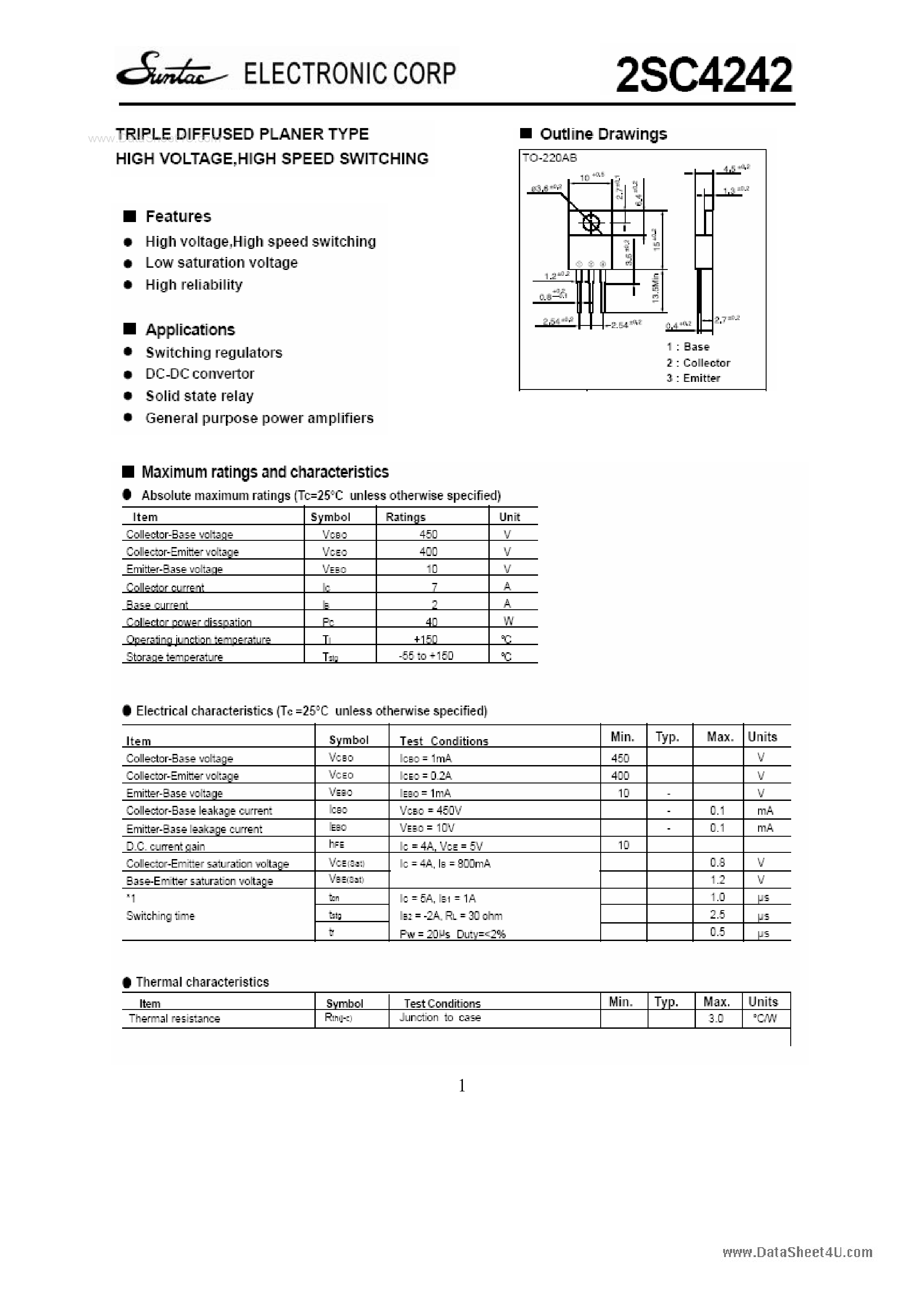 Даташит на микросхему 2SC4242 страница 1 Даташит 2SC4242 - TRIPLE DIFFUSED PLANER TYPE HIGH VOLTAGE страница 1