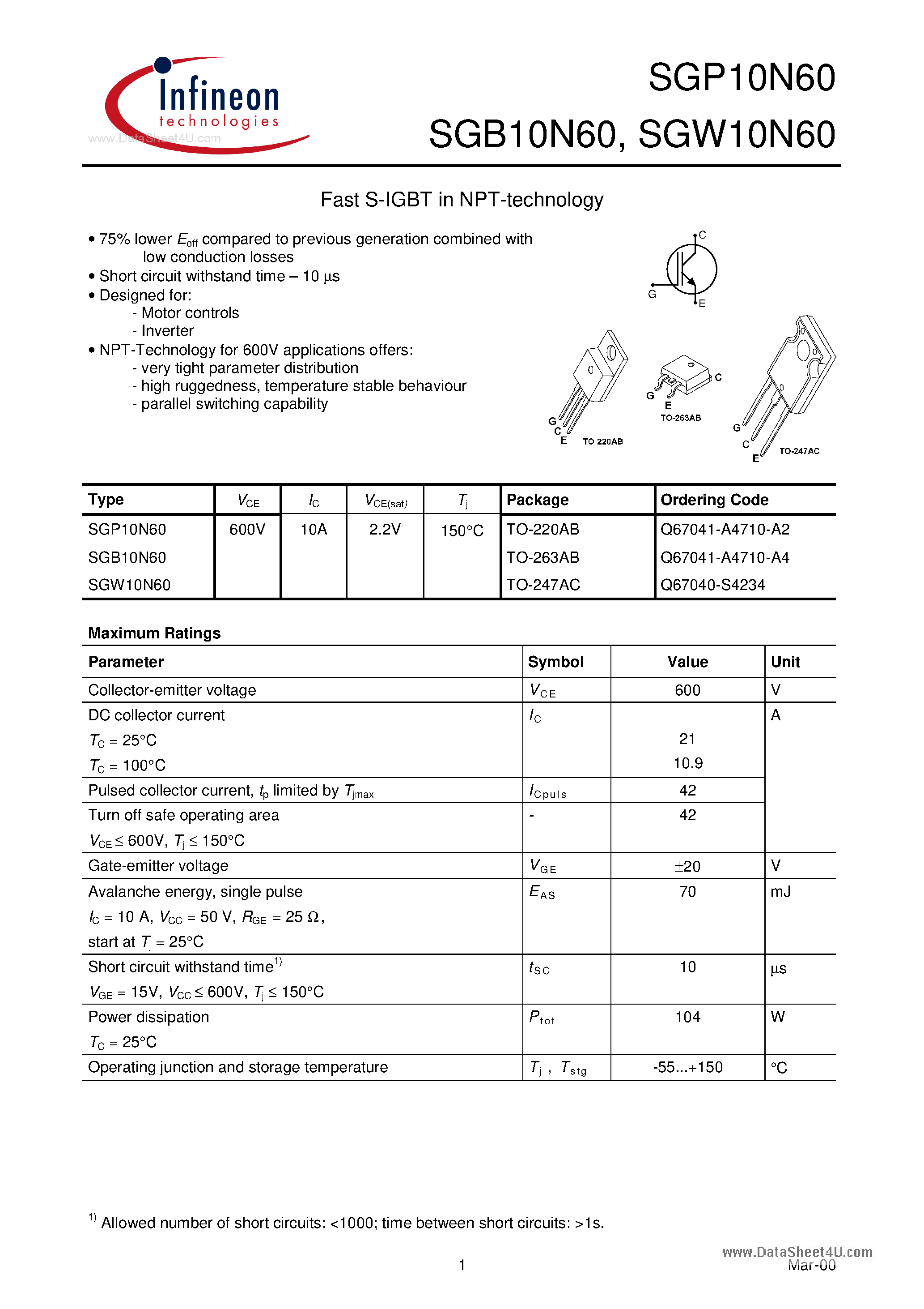 Datasheet SGP10N60 - Fast S-igbt in Npt-technology page 1