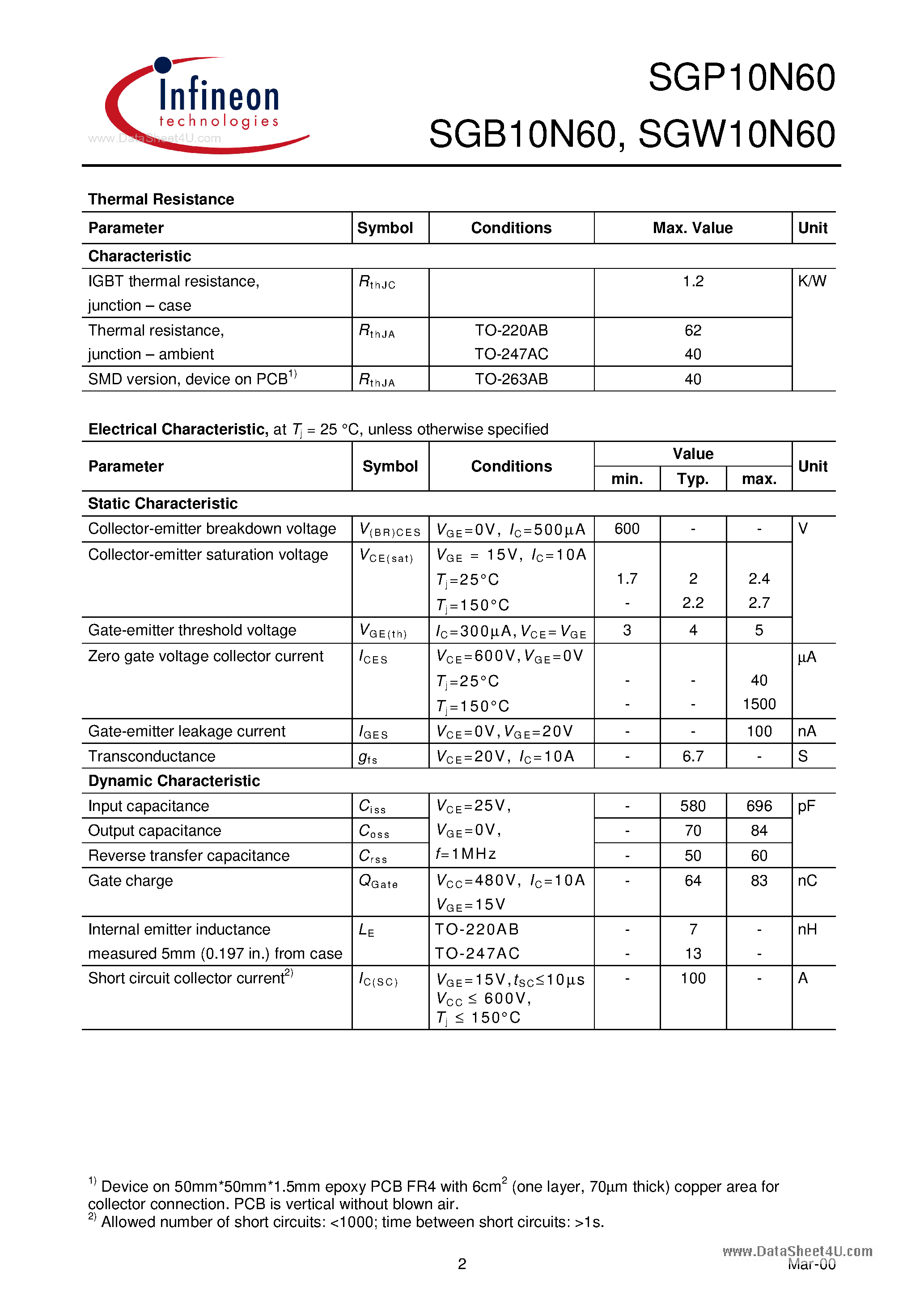 Datasheet SGB10N60 - Fast S-igbt in Npt-technology page 2