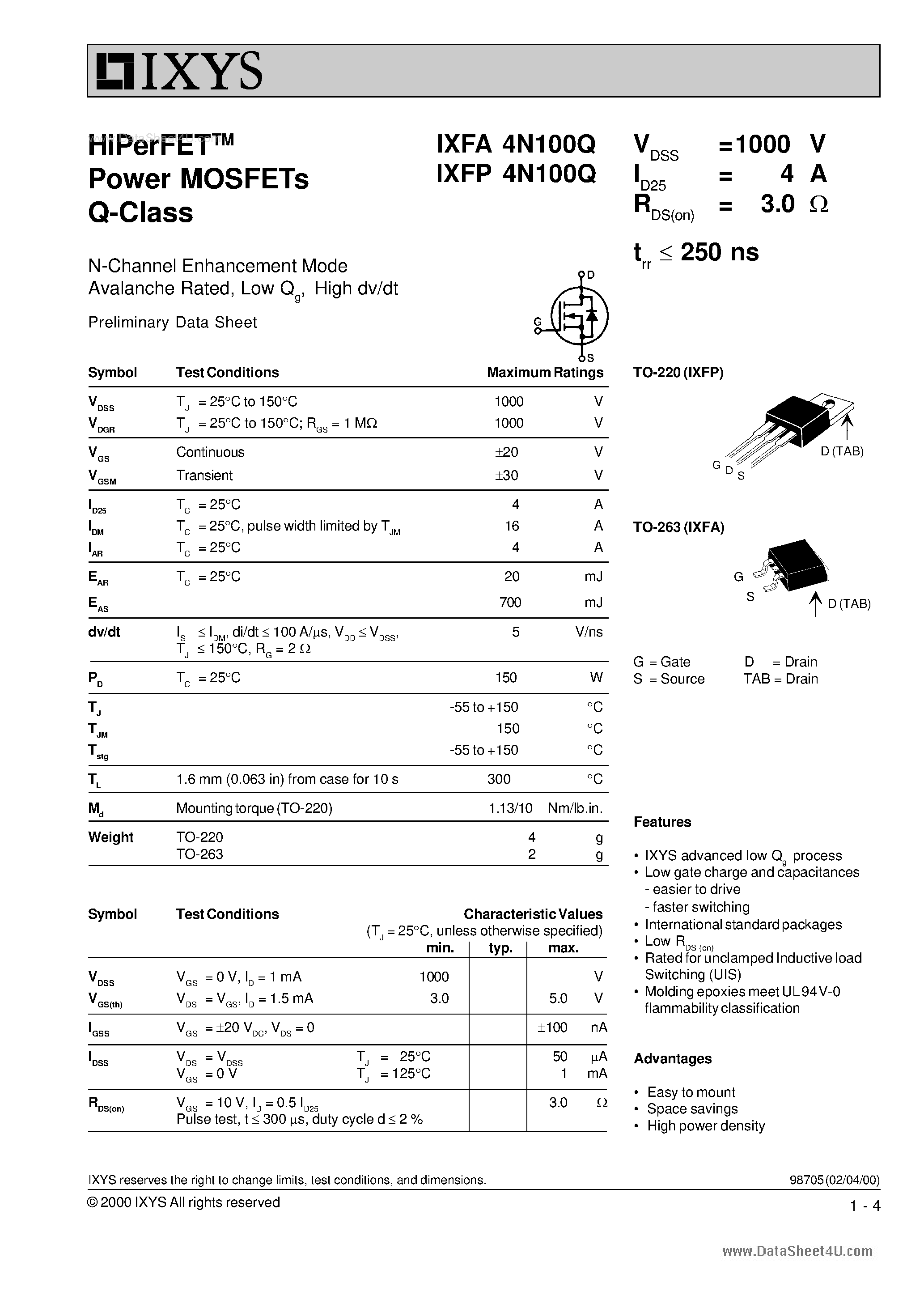 Даташит IXFA4N100Q - HiPerFET Power MOSFETs Q-Class страница 1