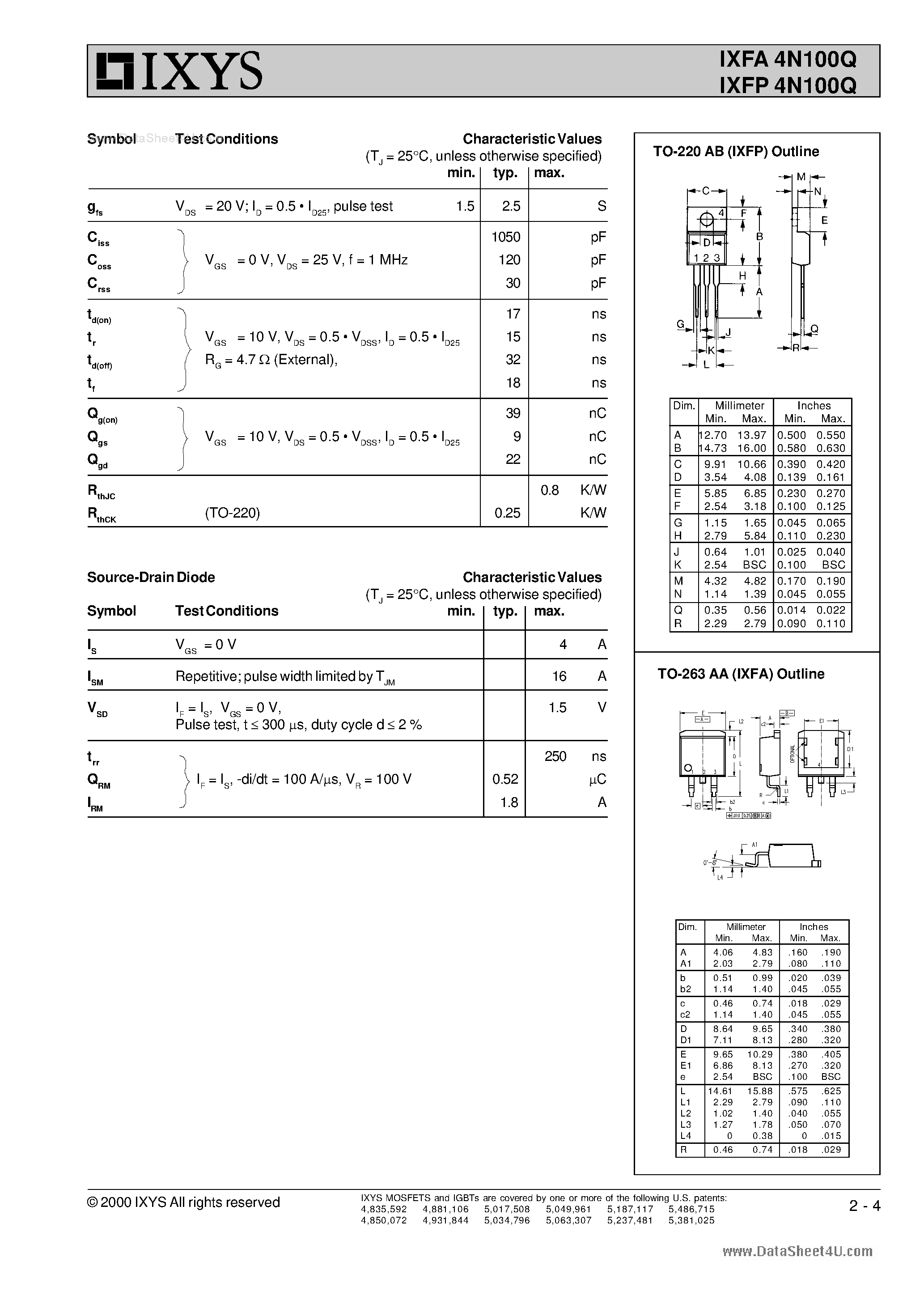 Datasheet IXFA4N100Q page 2 Datasheet IXFA4N100Q - HiPerFET Power MOSFETs Q-Class page 2