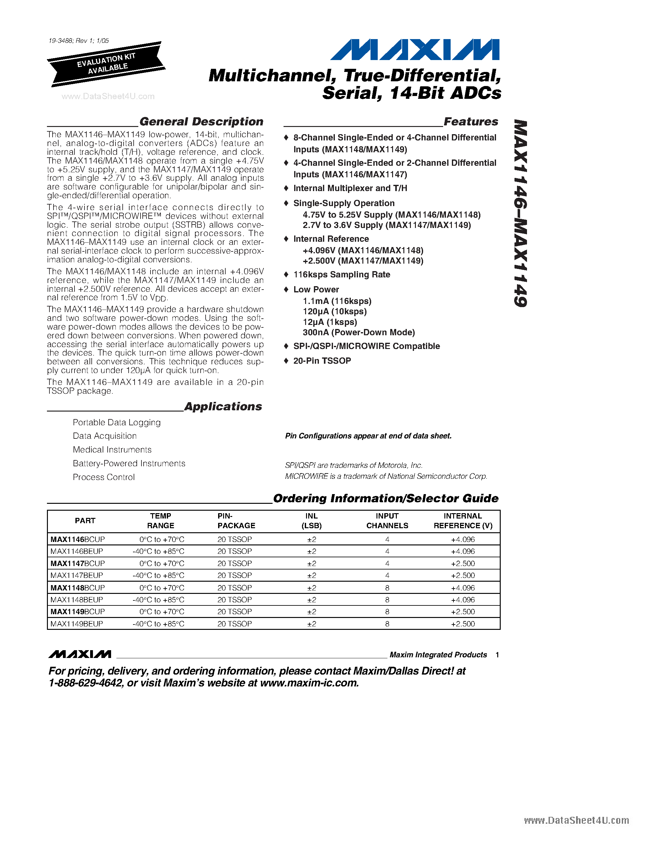 Даташит MAX1146 - (MAX1146 - MAX1149) 14-Bit ADCs страница 1