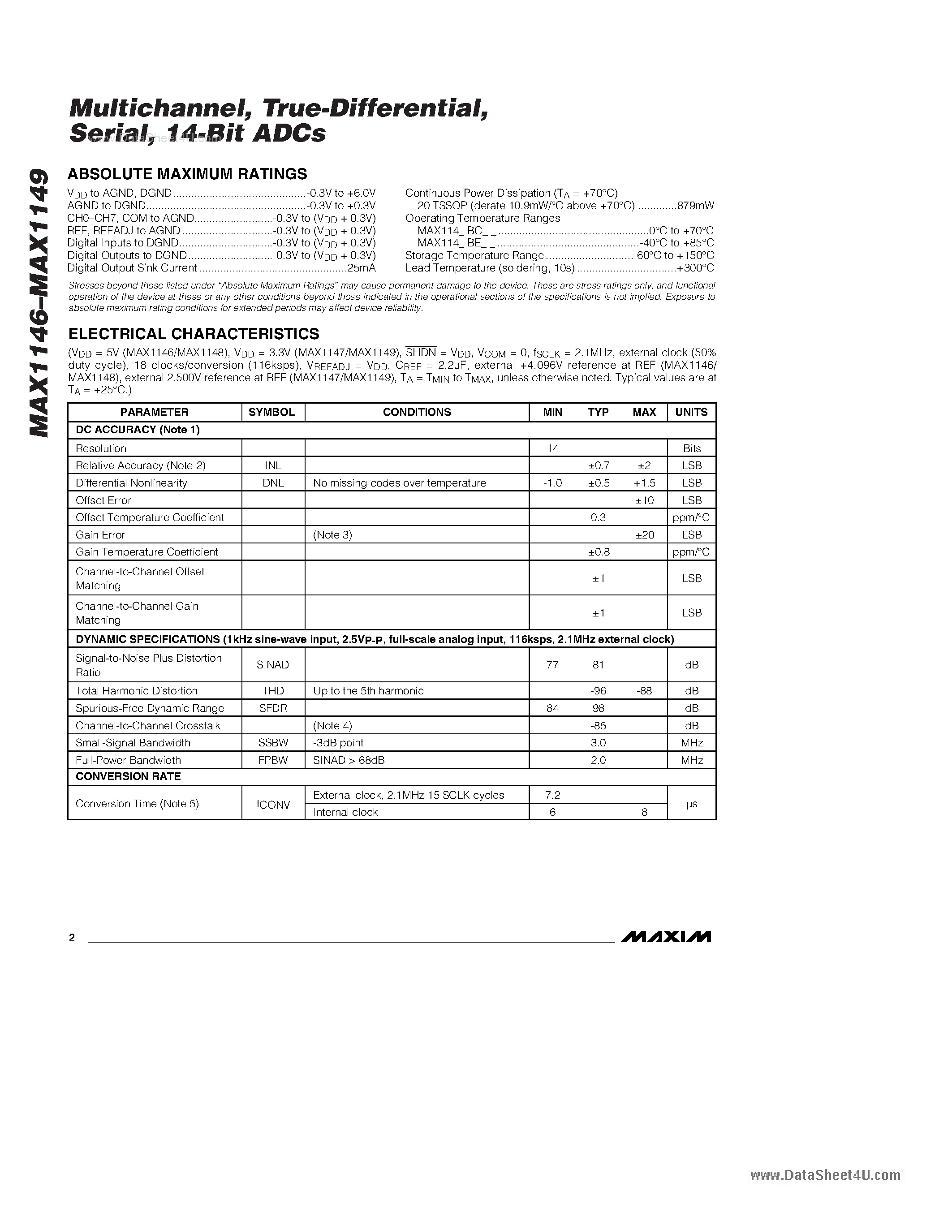 Даташит MAX1146 - (MAX1146 - MAX1149) 14-Bit ADCs страница 2