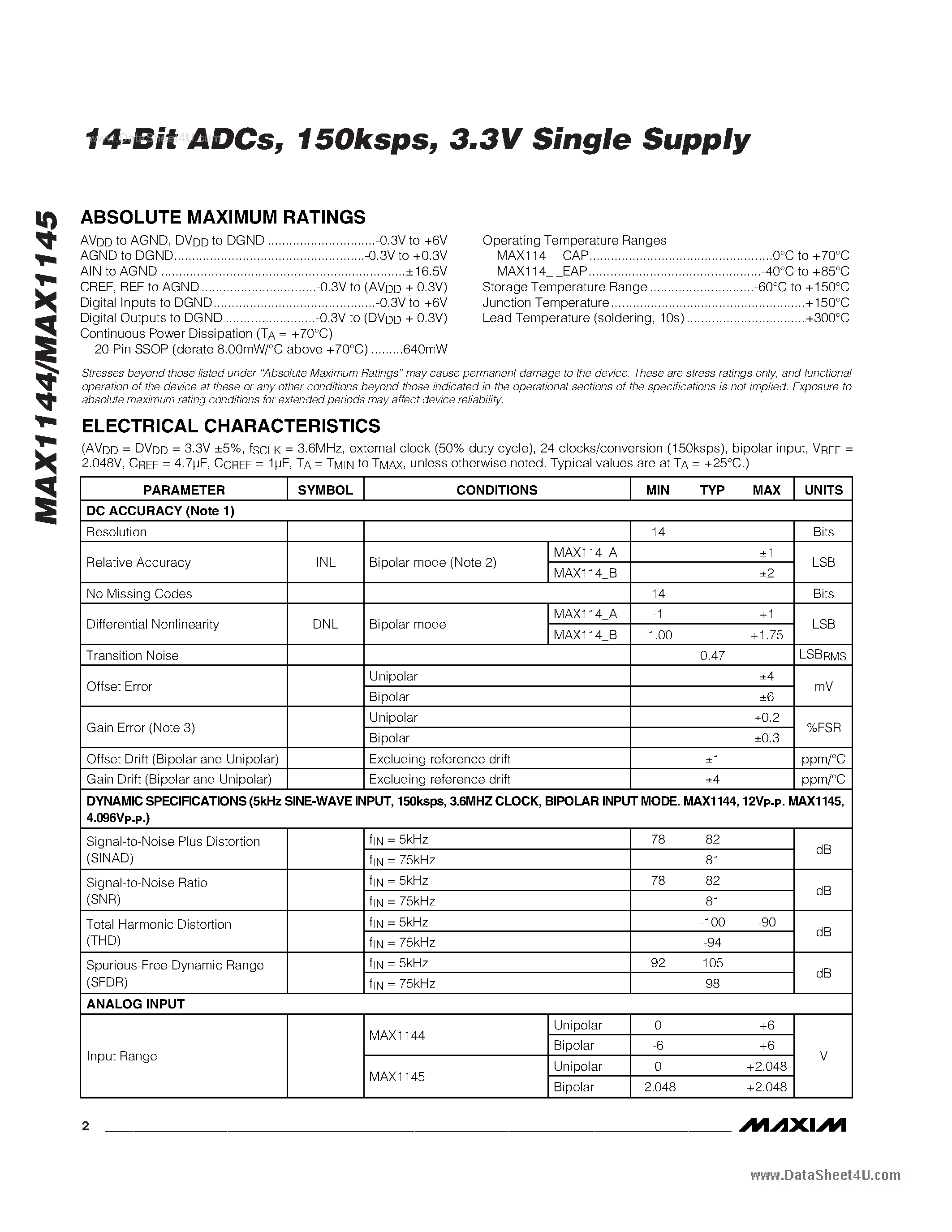 Даташит MAX1144 - (MAX1144 / MAX1145) 14-Bit ADCs страница 2