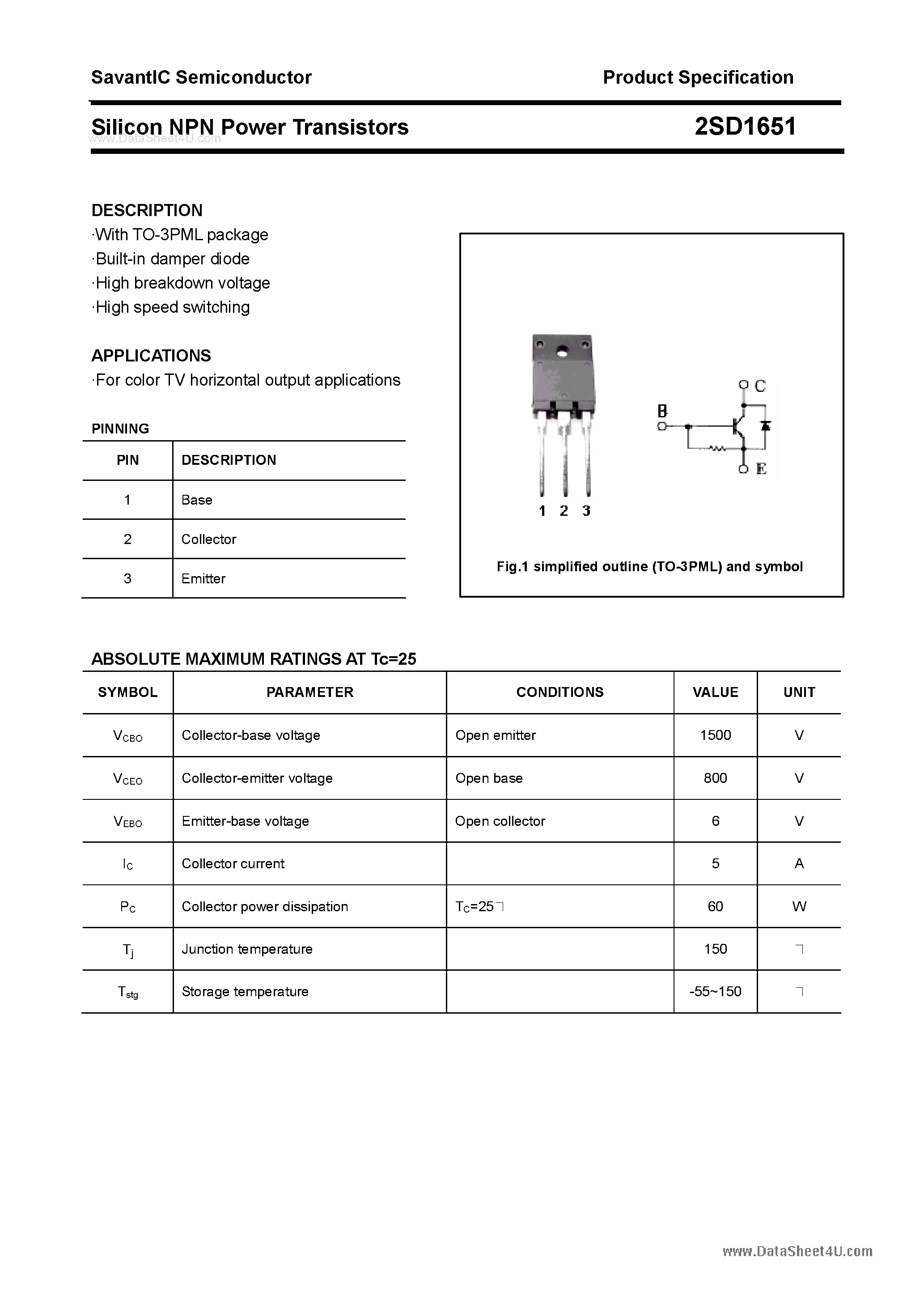 Datasheet 2SD1651 - Silicon NPN Power Transistors page 1