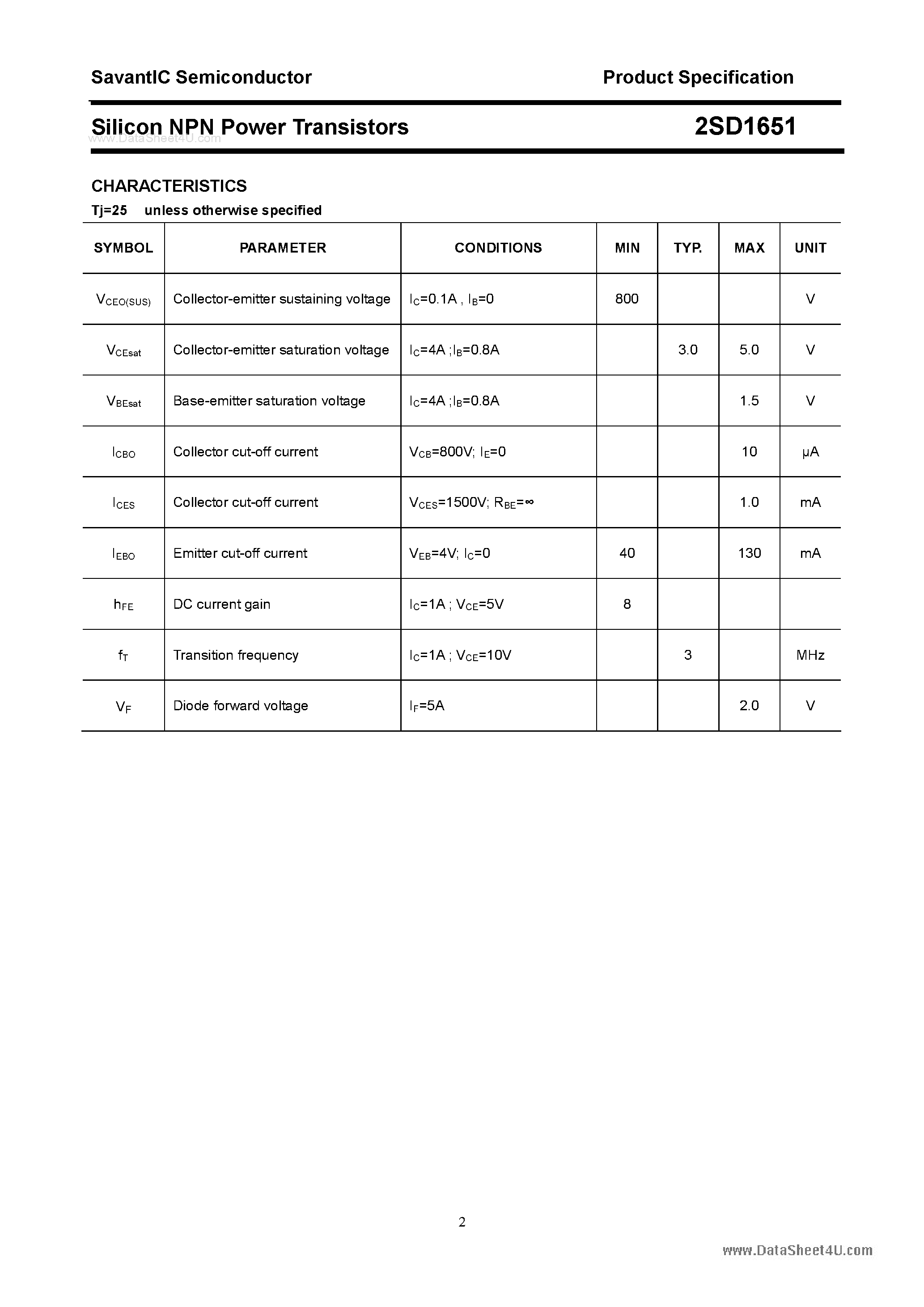 Datasheet 2SD1651 - Silicon NPN Power Transistors page 2