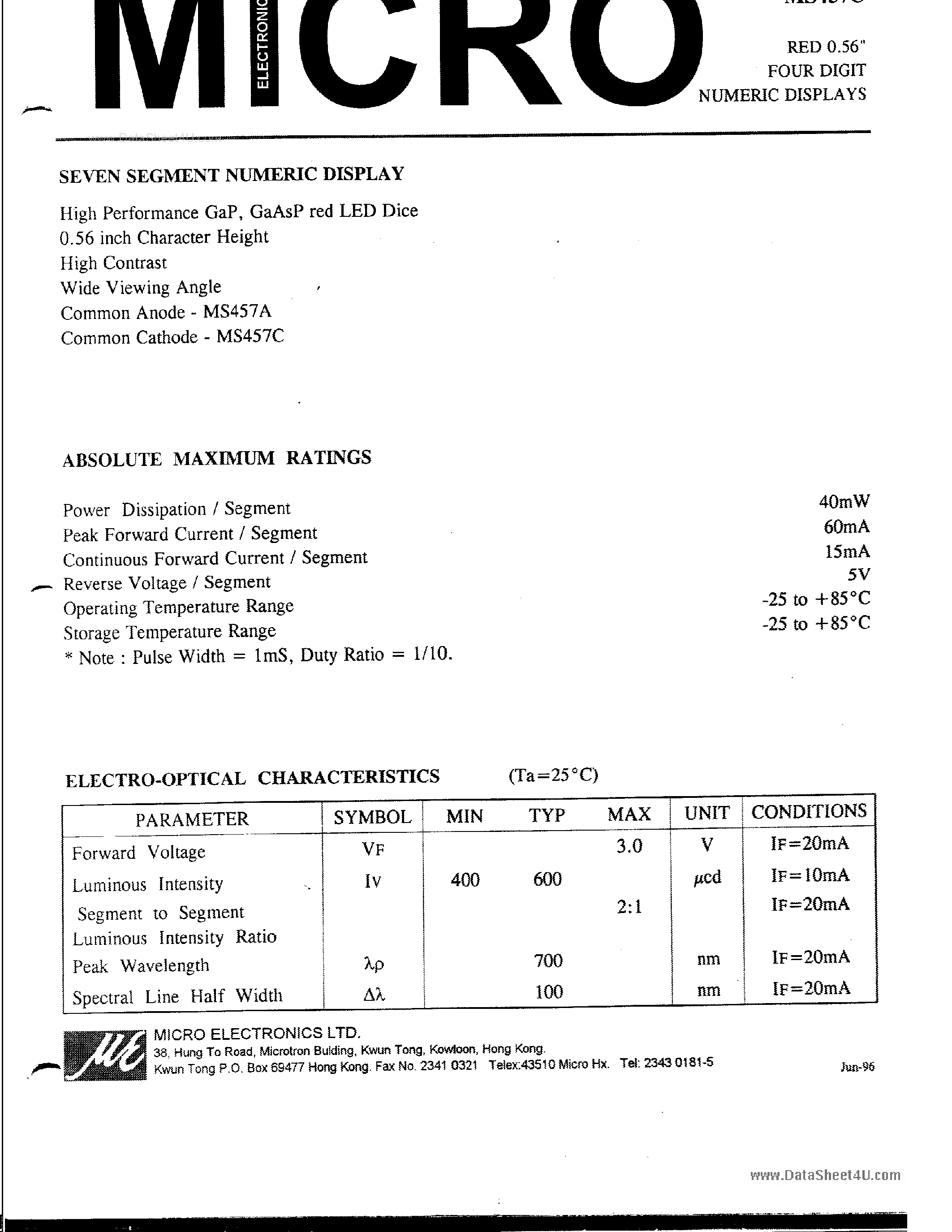 Datasheet MS457A - RED 0.56 FOUR DIGIT NUMERIC DISPLAYS page 1