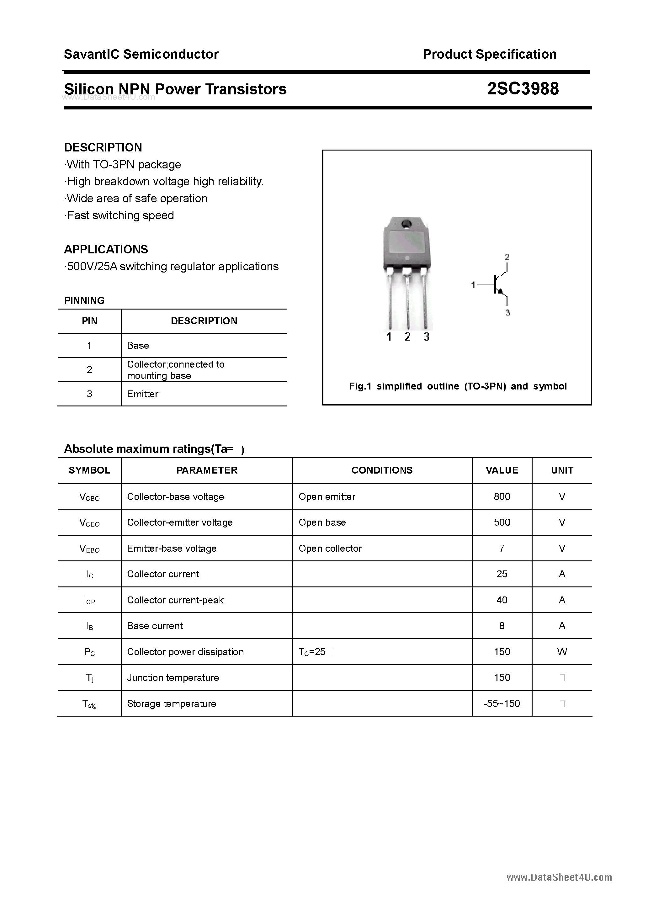 Даташит на микросхему 2SC3988 страница 1 Даташит 2SC3988 - SILICON POWER TRANSISTOR страница 1