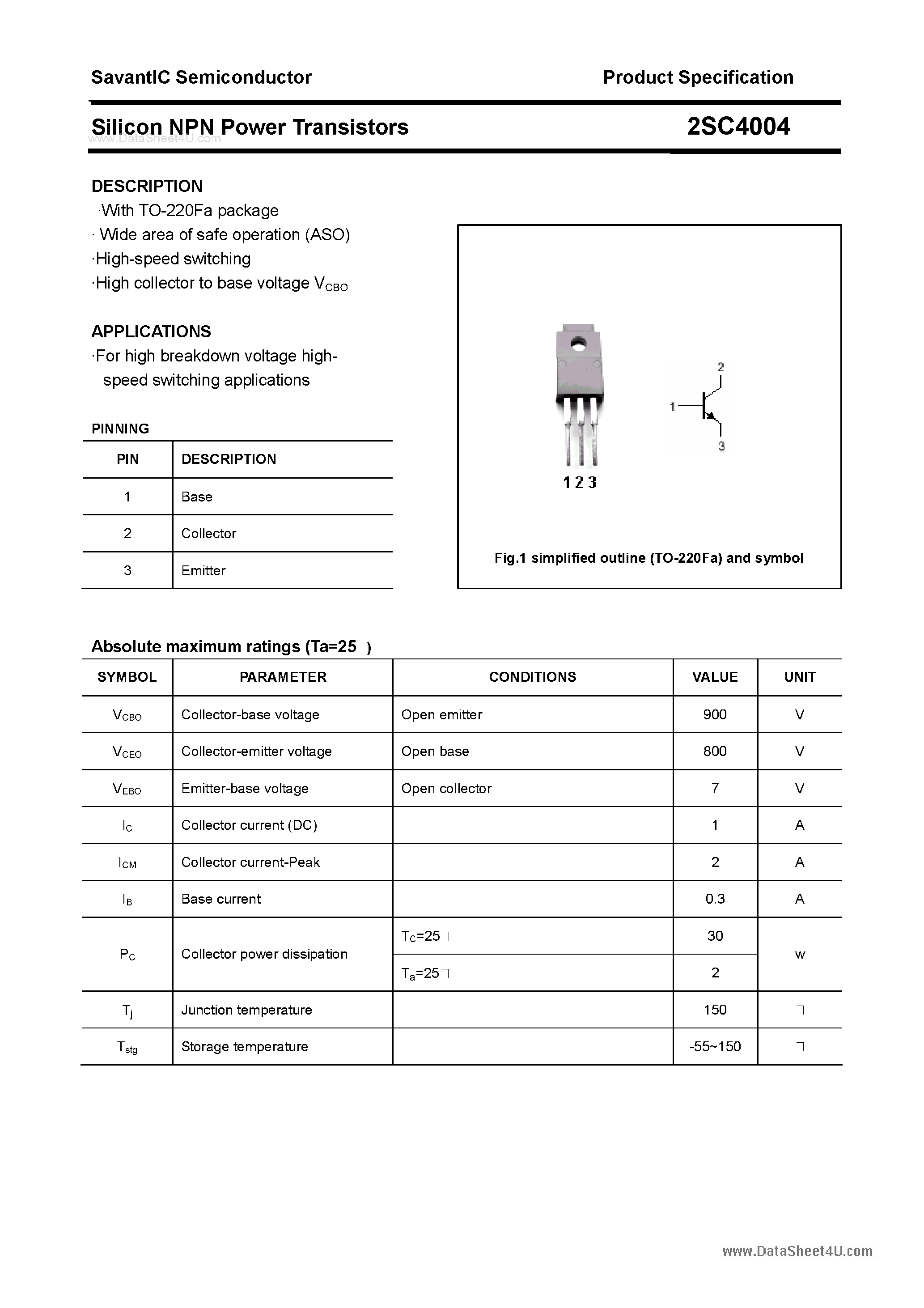 Datasheet 2SC4004 - SILICON POWER TRANSISTOR page 1