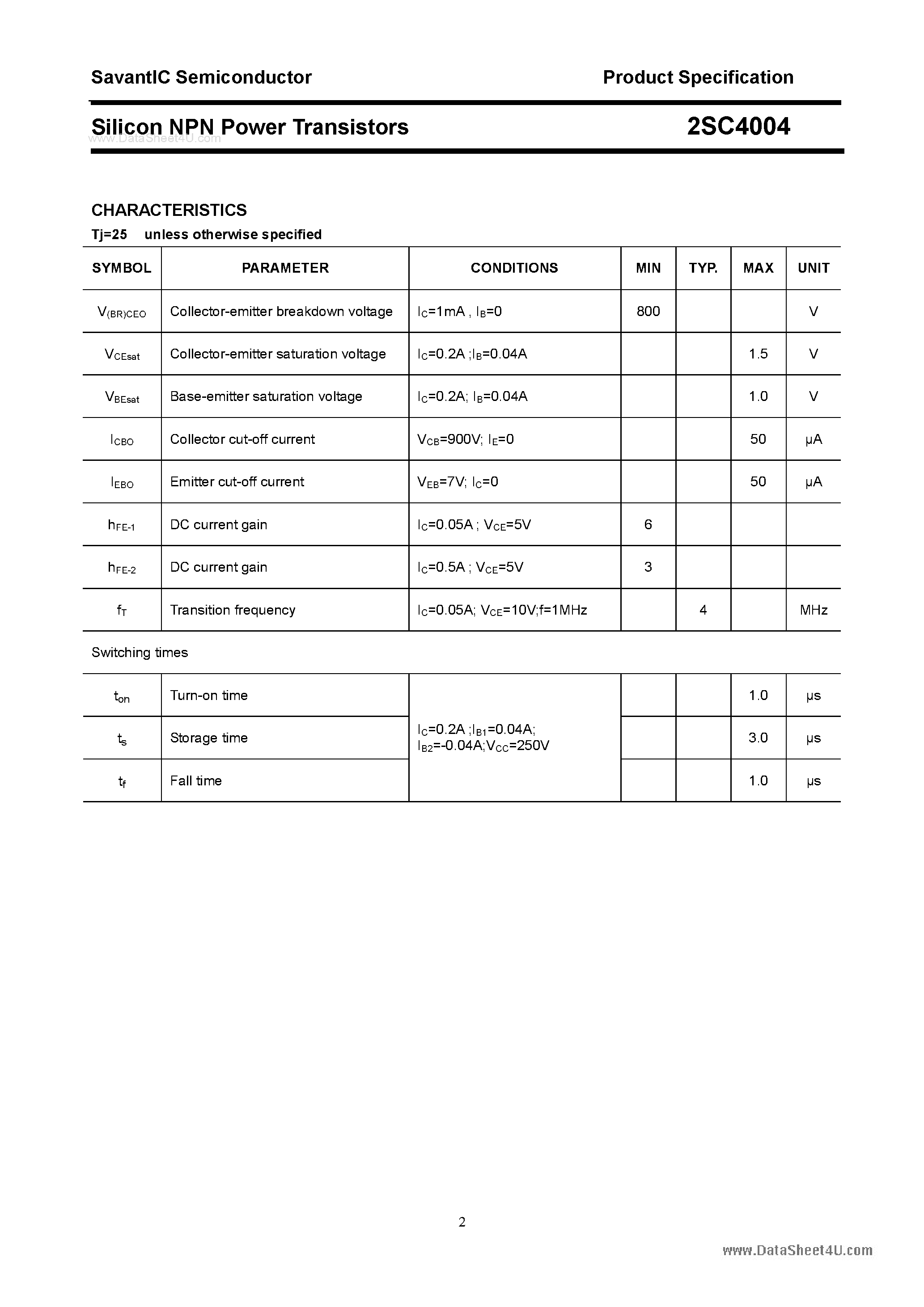 Даташит 2SC4004 - SILICON POWER TRANSISTOR страница 2