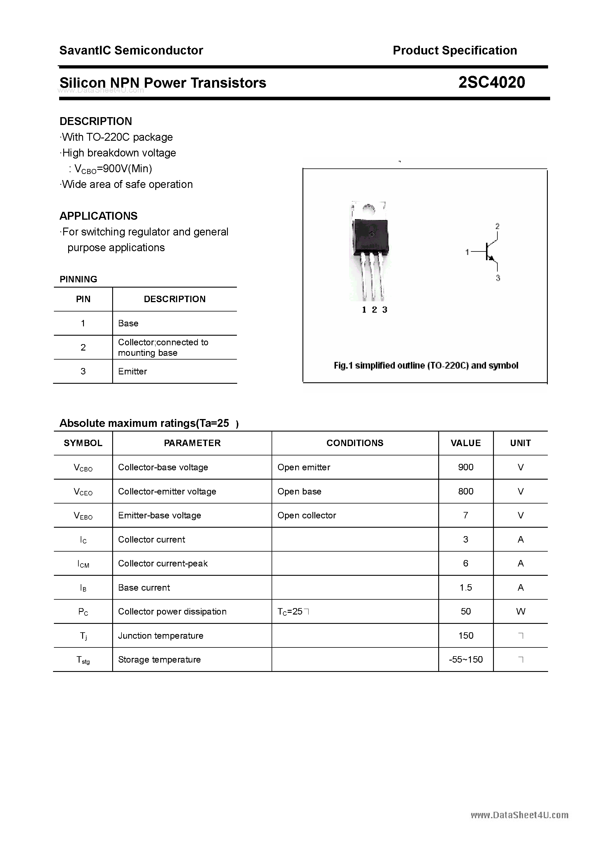 Datasheet 2SC4020 page 1 Datasheet 2SC4020 - SILICON POWER TRANSISTOR page 1