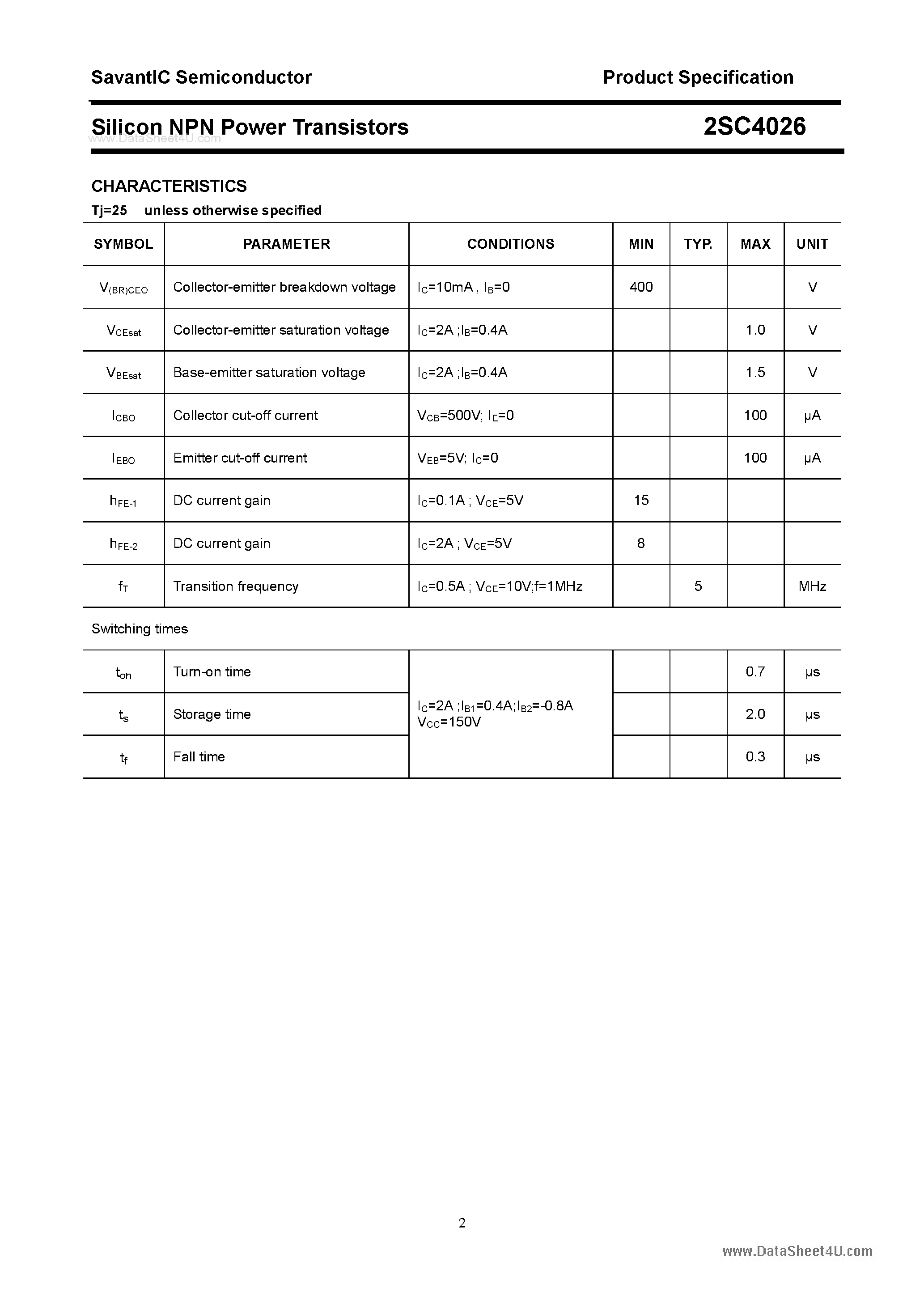 Datasheet 2SC4026 - SILICON POWER TRANSISTOR page 2
