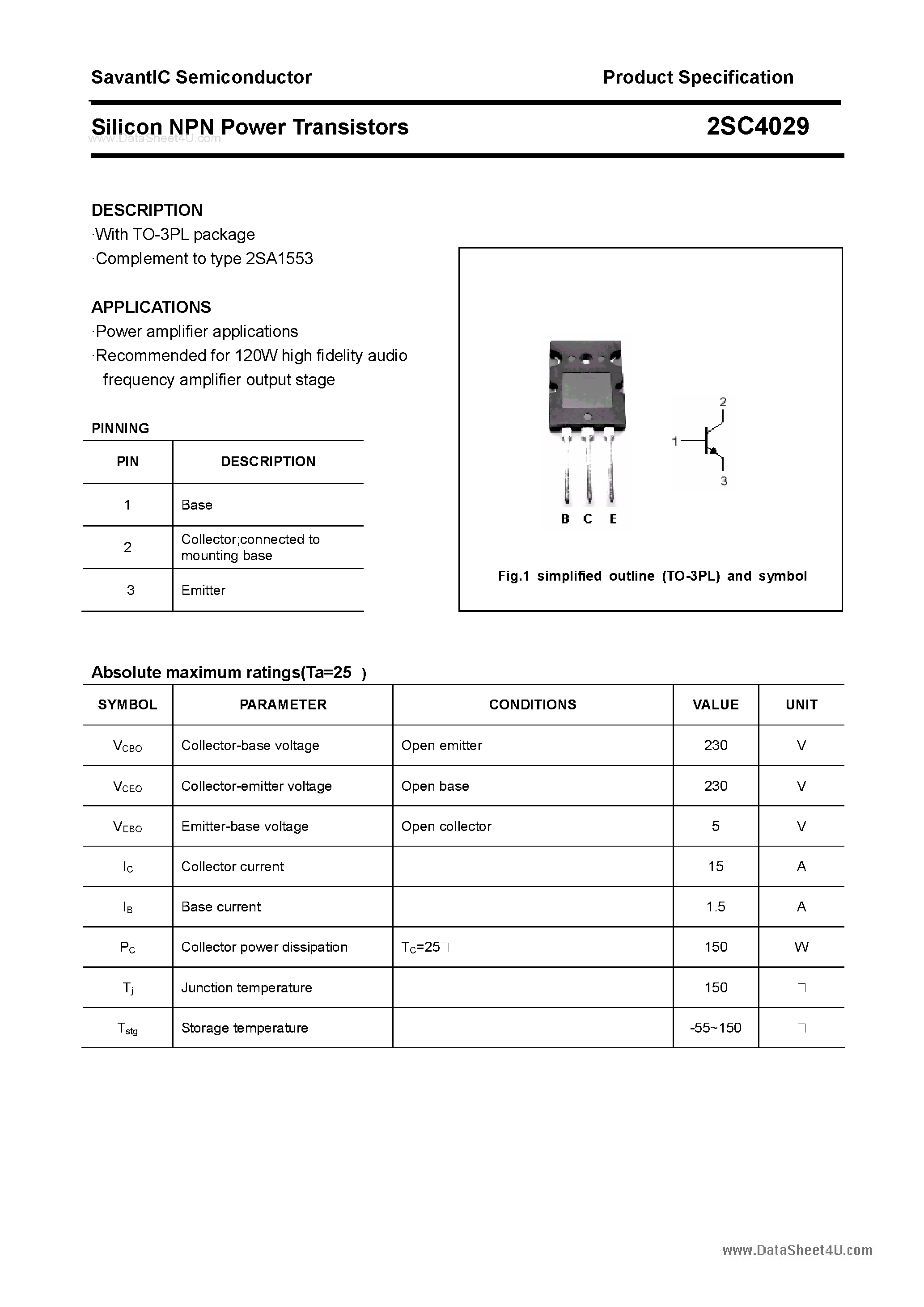 Datasheet 2SC4029 page 1 Datasheet 2SC4029 - SILICON POWER TRANSISTOR page 1
