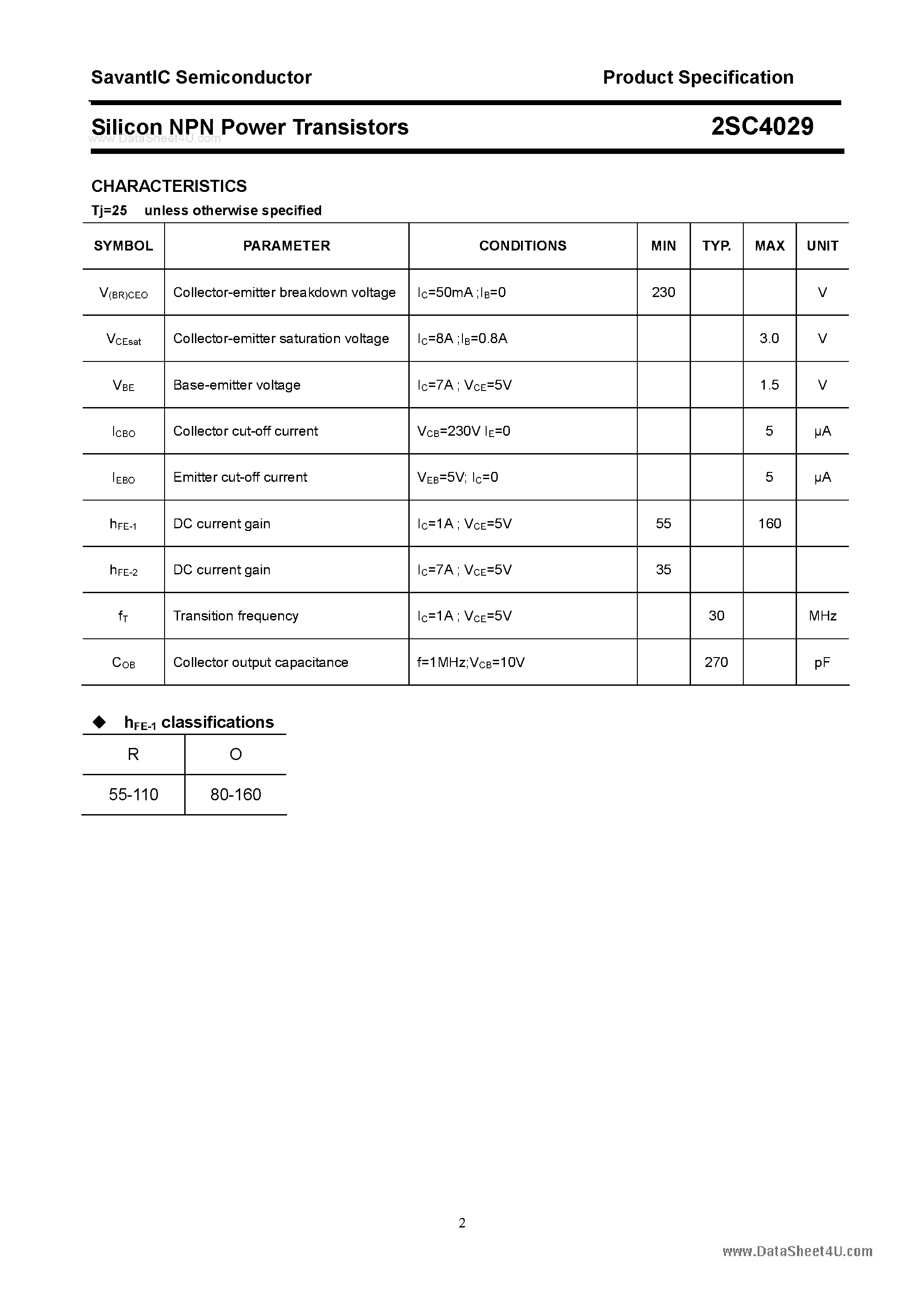 Datasheet 2SC4029 page 2 Datasheet 2SC4029 - SILICON POWER TRANSISTOR page 2