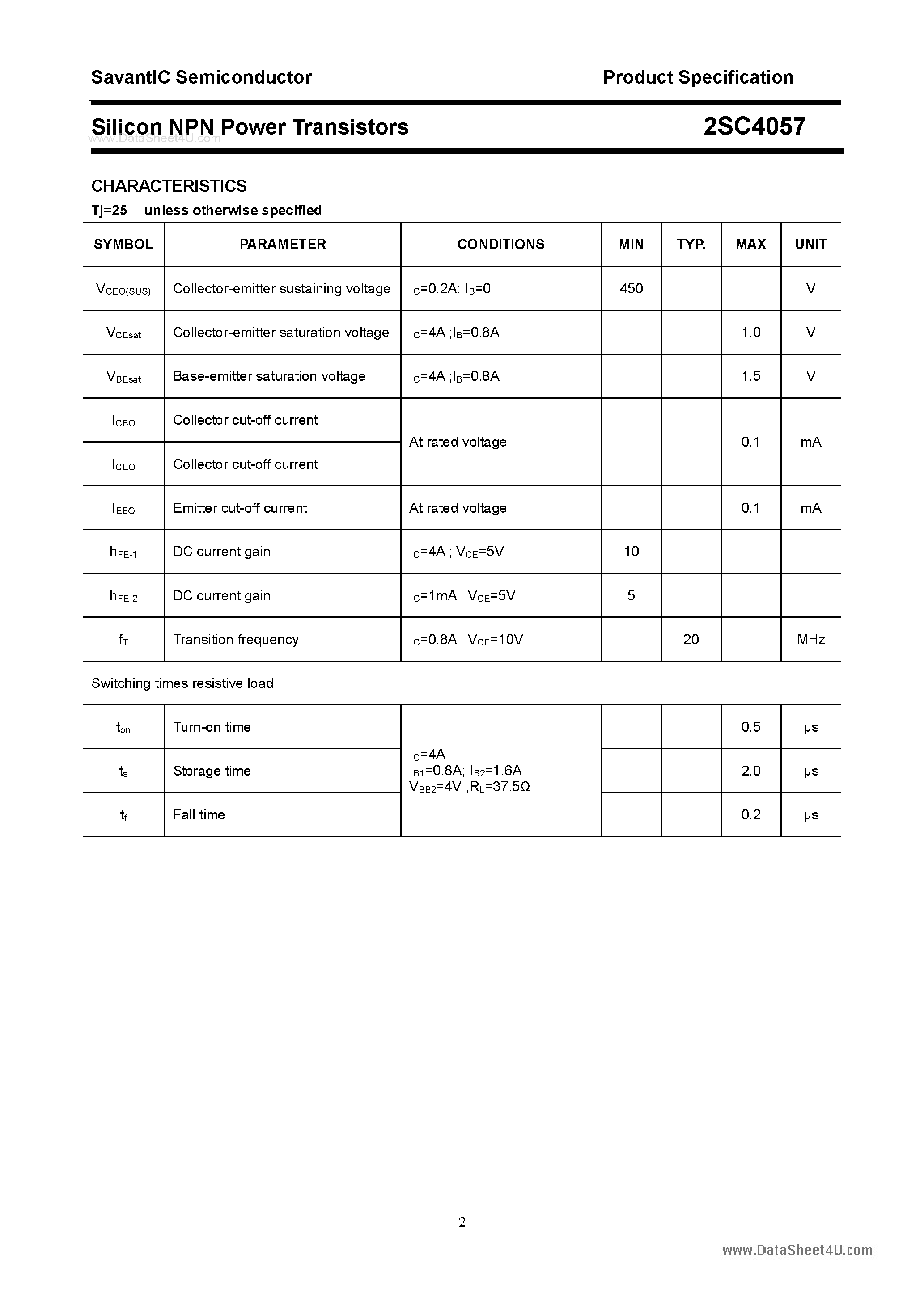 Datasheet 2SC4057 page 2 Datasheet 2SC4057 - SILICON POWER TRANSISTOR page 2