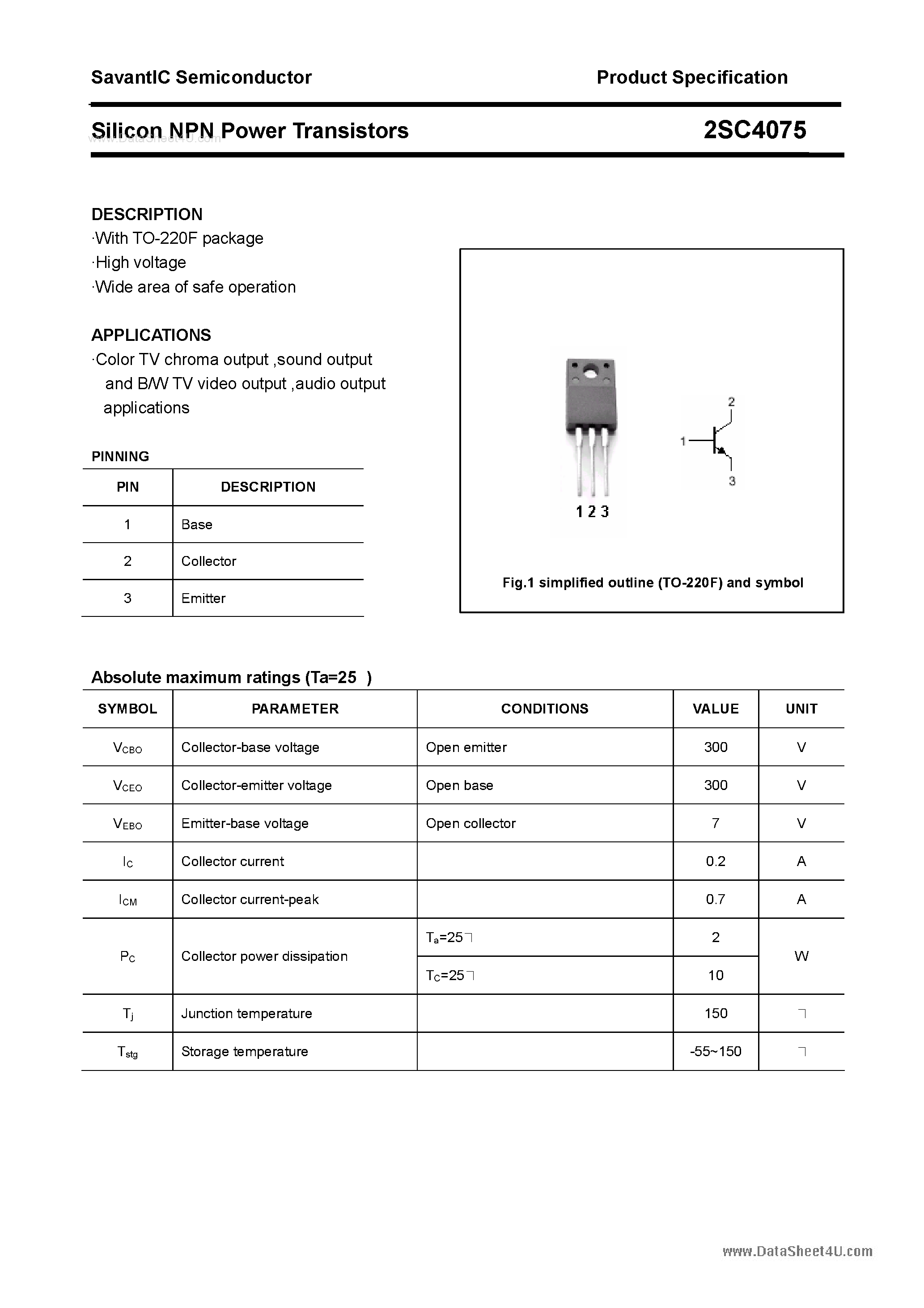 Даташит 2SC4075 - SILICON POWER TRANSISTOR страница 1