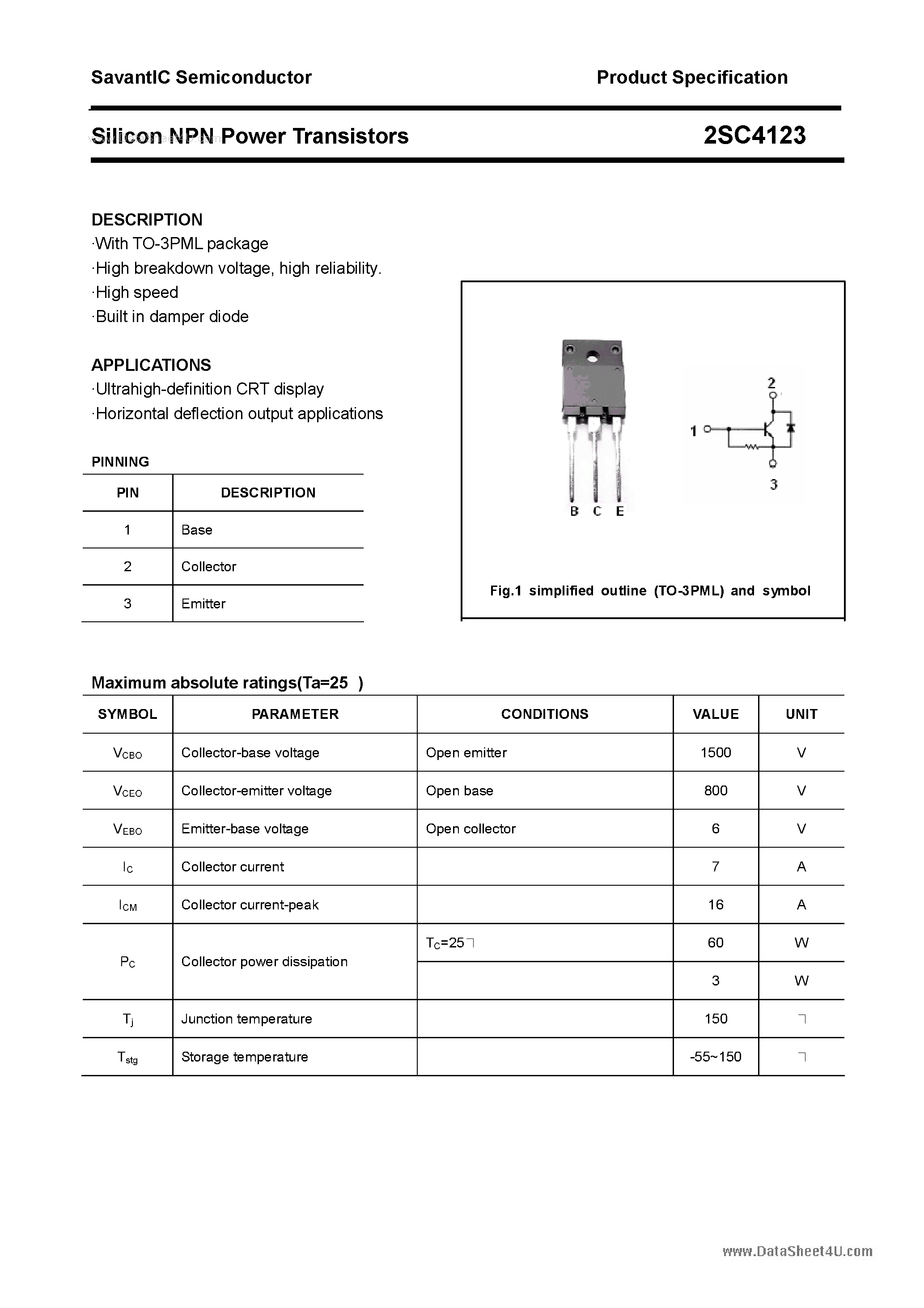 Даташит 2SC4123 - SILICON POWER TRANSISTOR страница 1