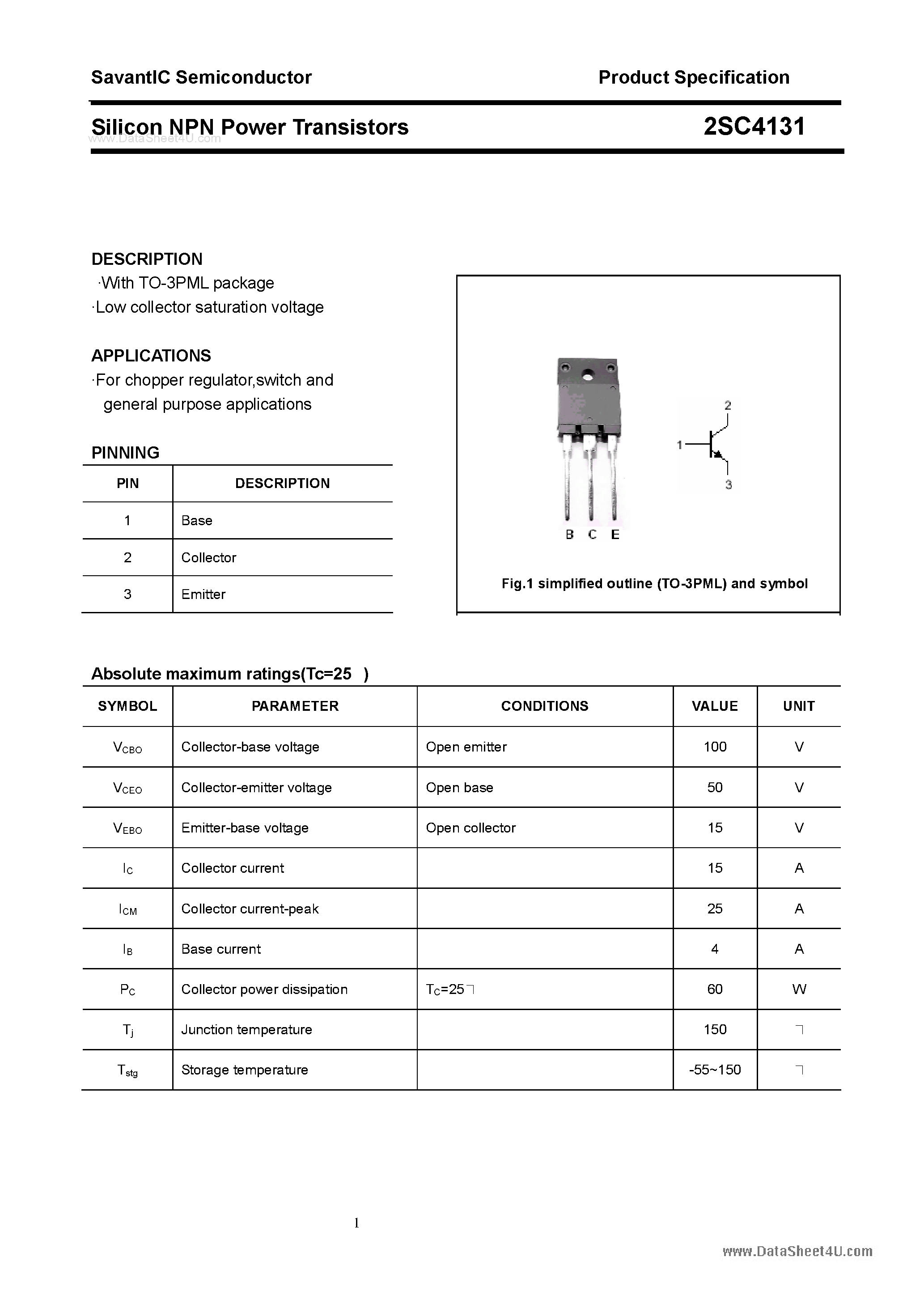Даташит 2SC4131 - SILICON POWER TRANSISTOR страница 1