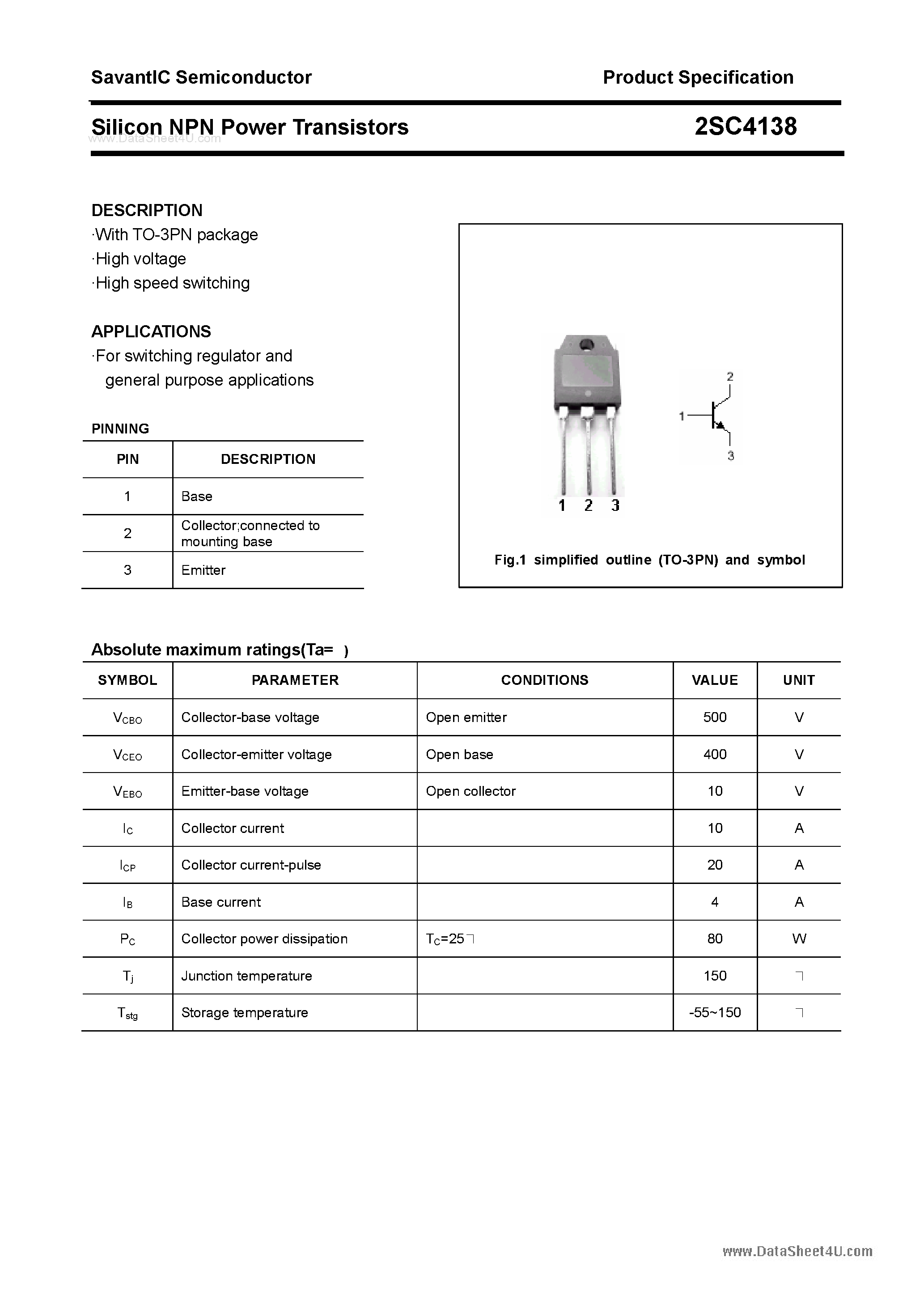 Даташит 2SC4138 - SILICON POWER TRANSISTOR страница 1