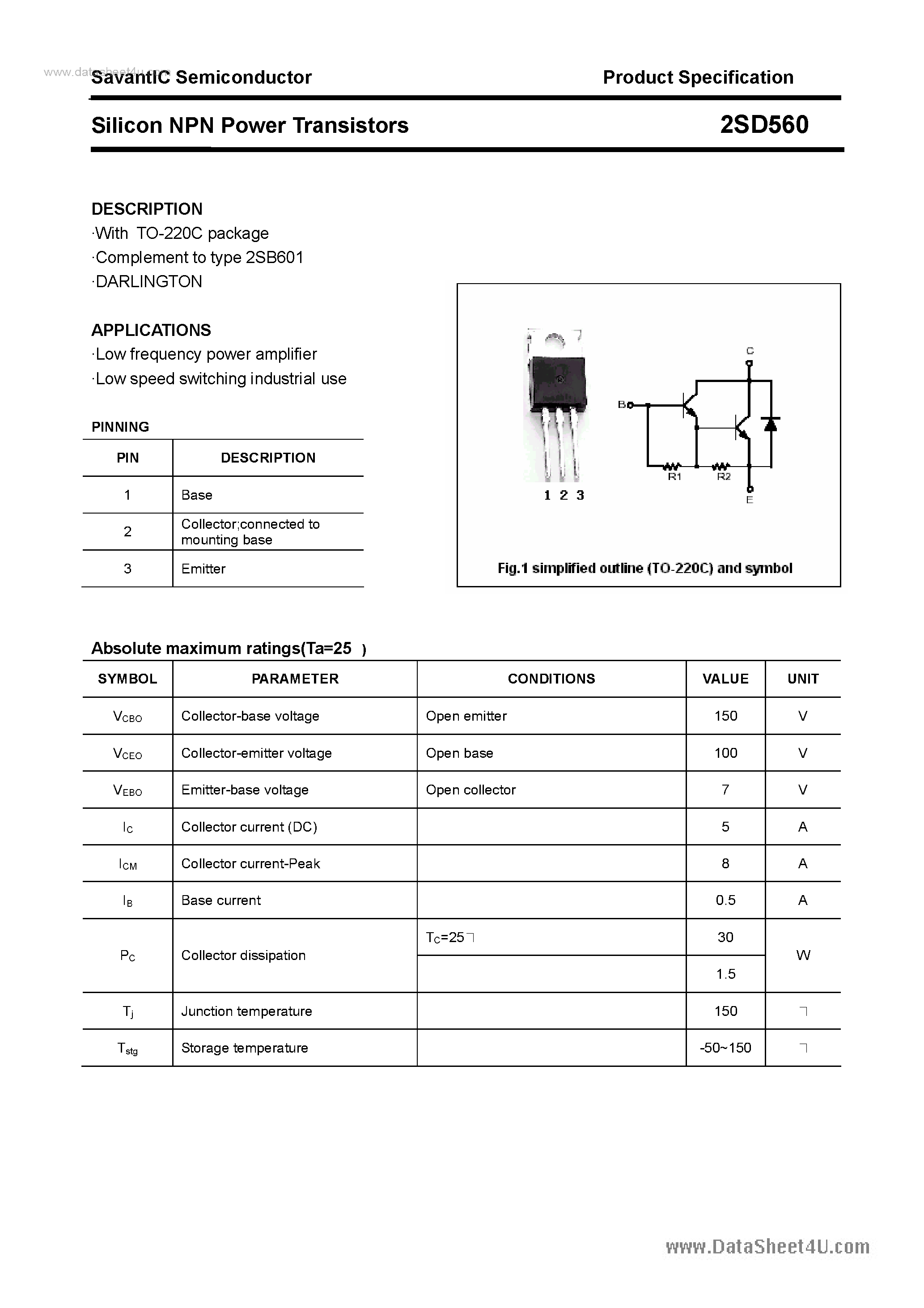 Даташит 2SD560 - Silicon NPN Power Transistors страница 1