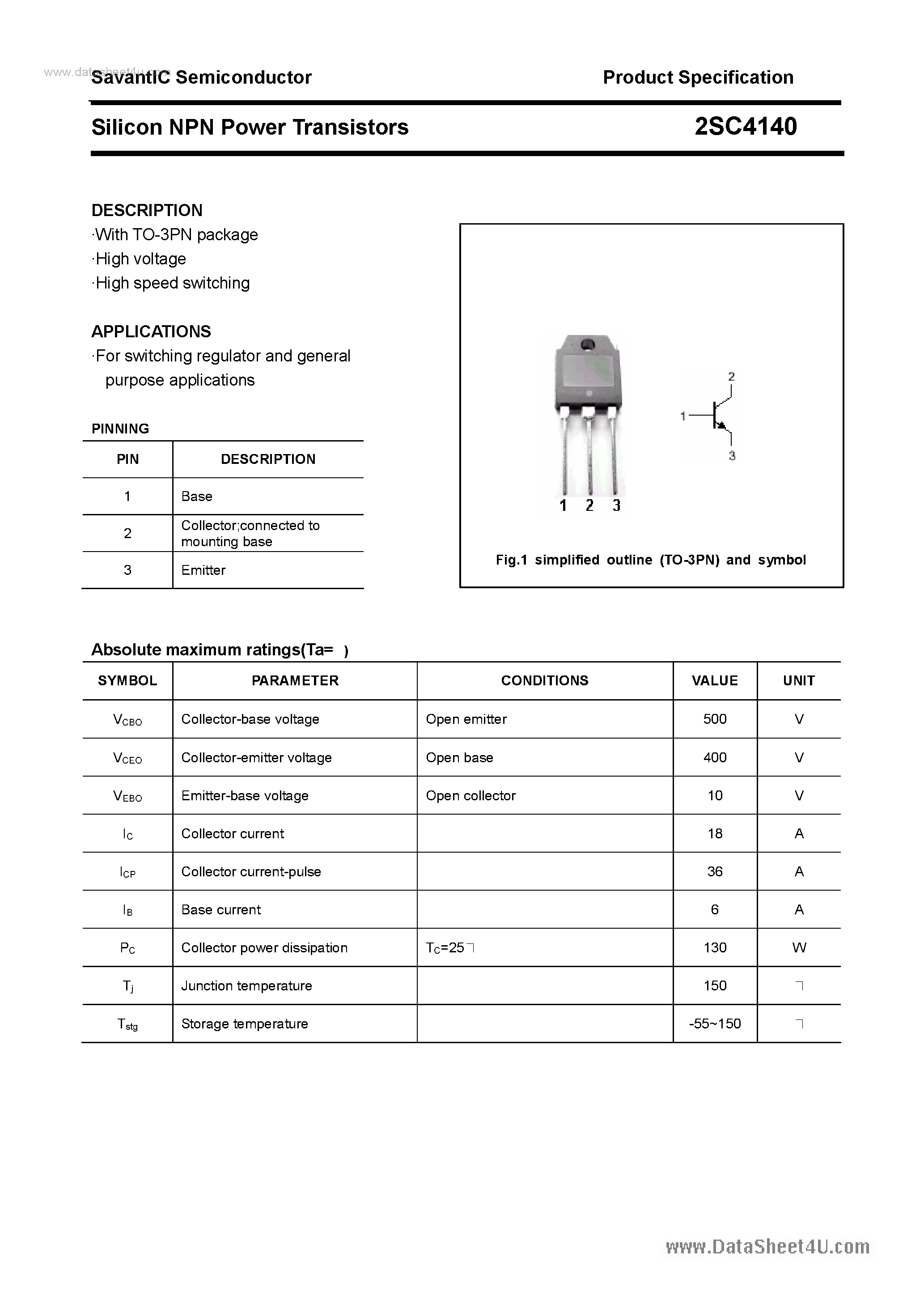 Даташит 2SC4140 - SILICON POWER TRANSISTOR страница 1