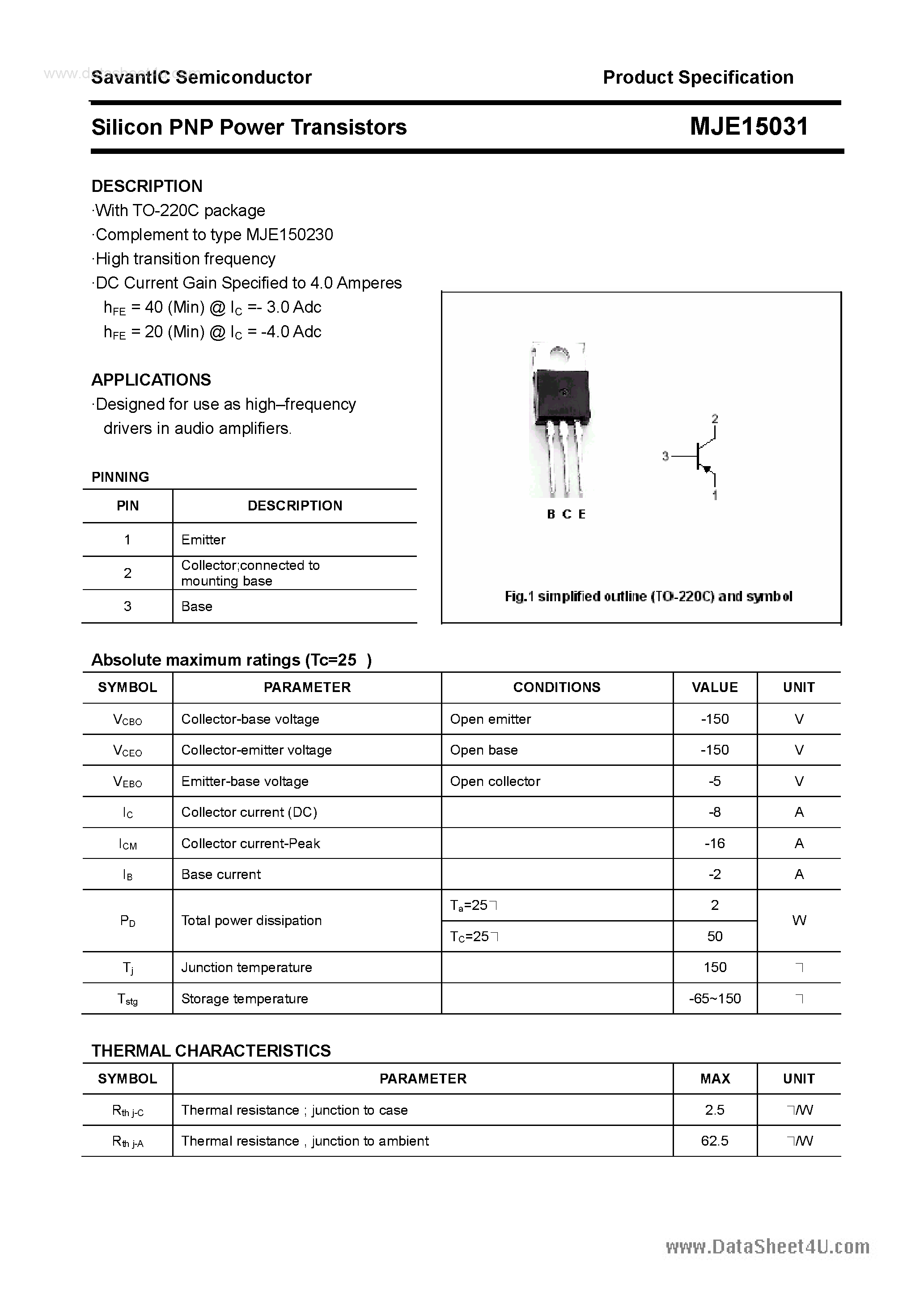 Datasheet MJE15031 - Silicon PNP Power Transistors page 1