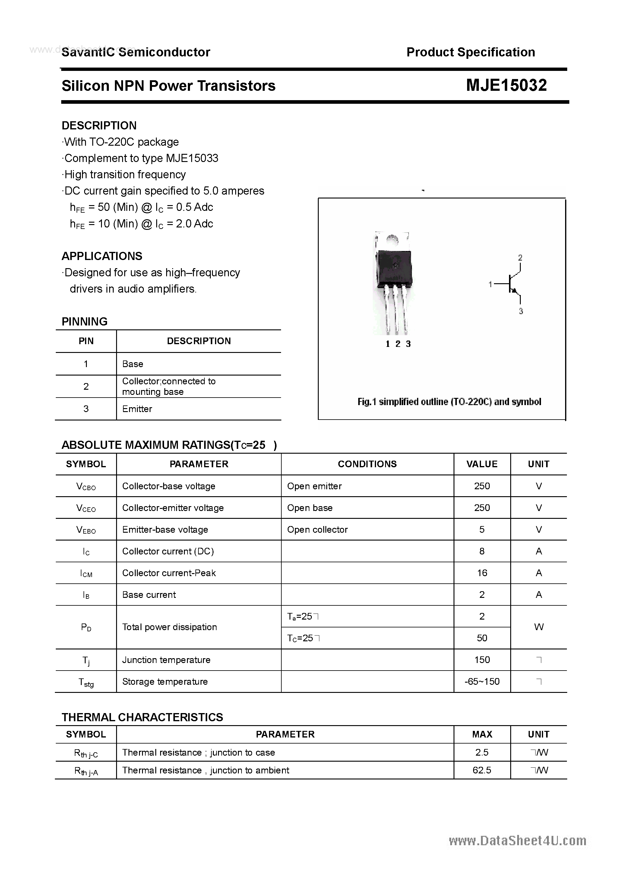 Datasheet MJE15032 - Silicon NPN Power Transistors page 1