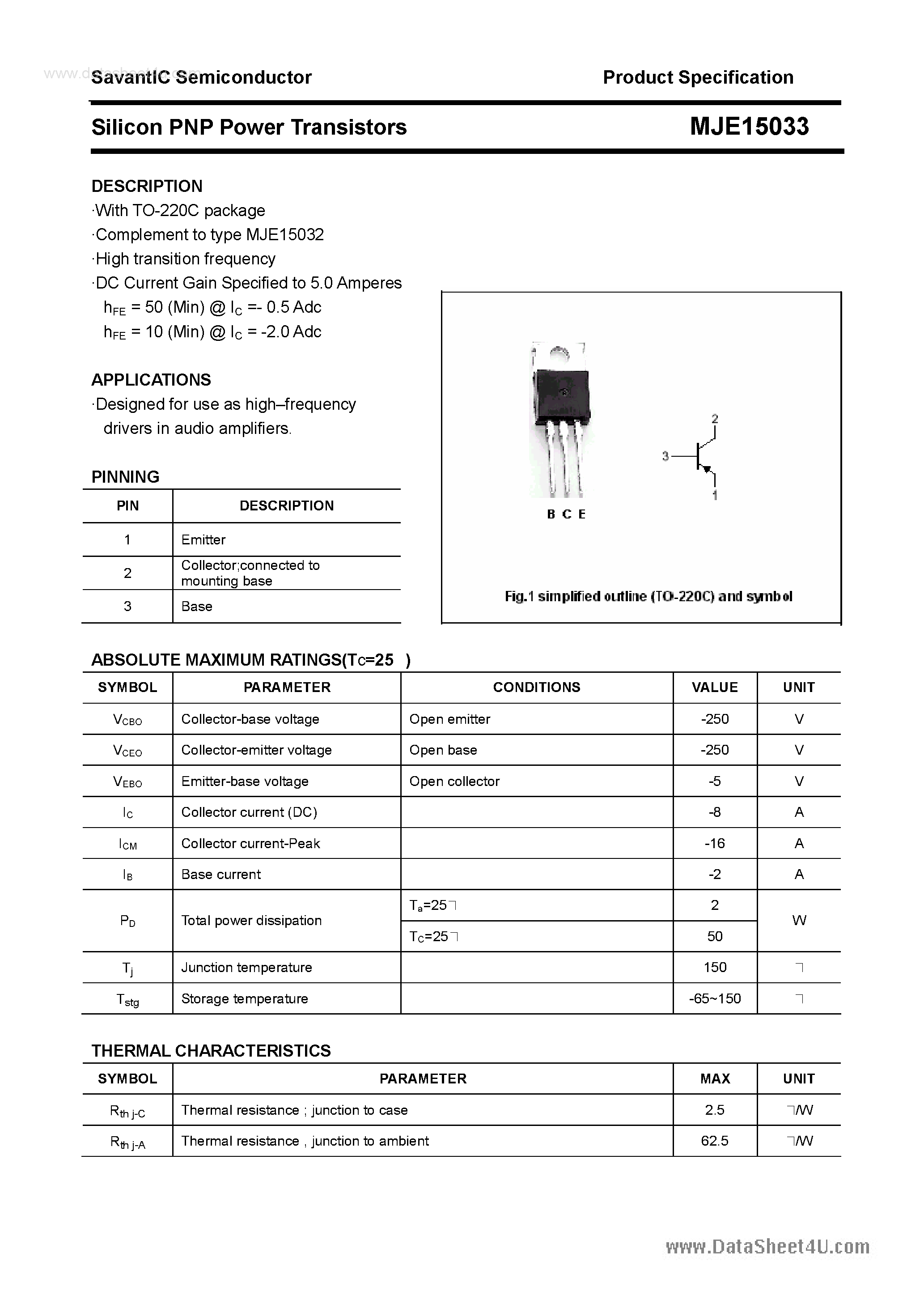 Datasheet MJE15033 - Silicon PNP Power Transistors page 1