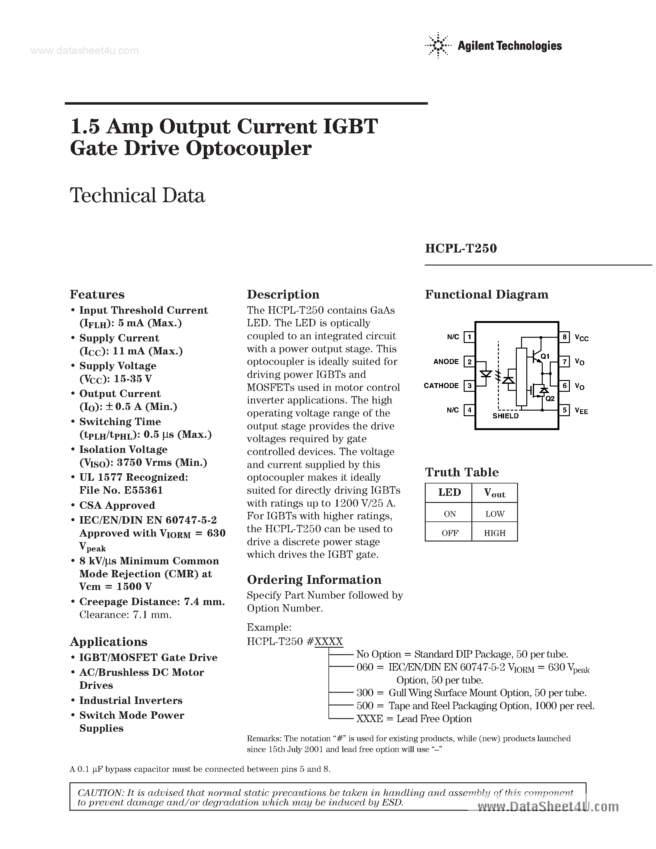 Даташит на микросхему HCPL-T250 страница 1 Даташит HCPL-T250 - 1.5 Amp Output Current IGBT Gate Drive Optocoupler страница 1