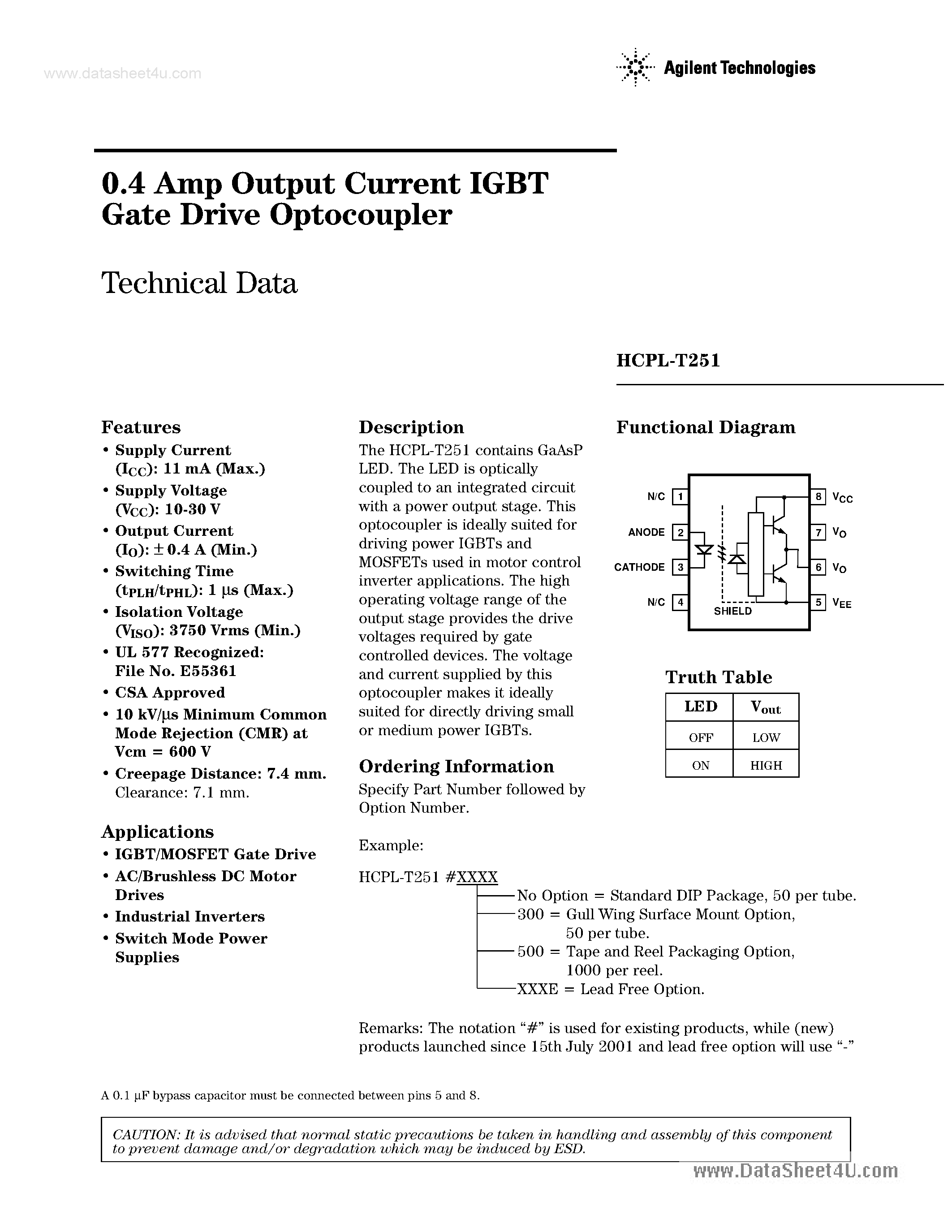Даташит HCPL-T251 - 0.4AMP OUTPUT CURRENT IGBT GATE DRIVE OPTOCOUPLER страница 1