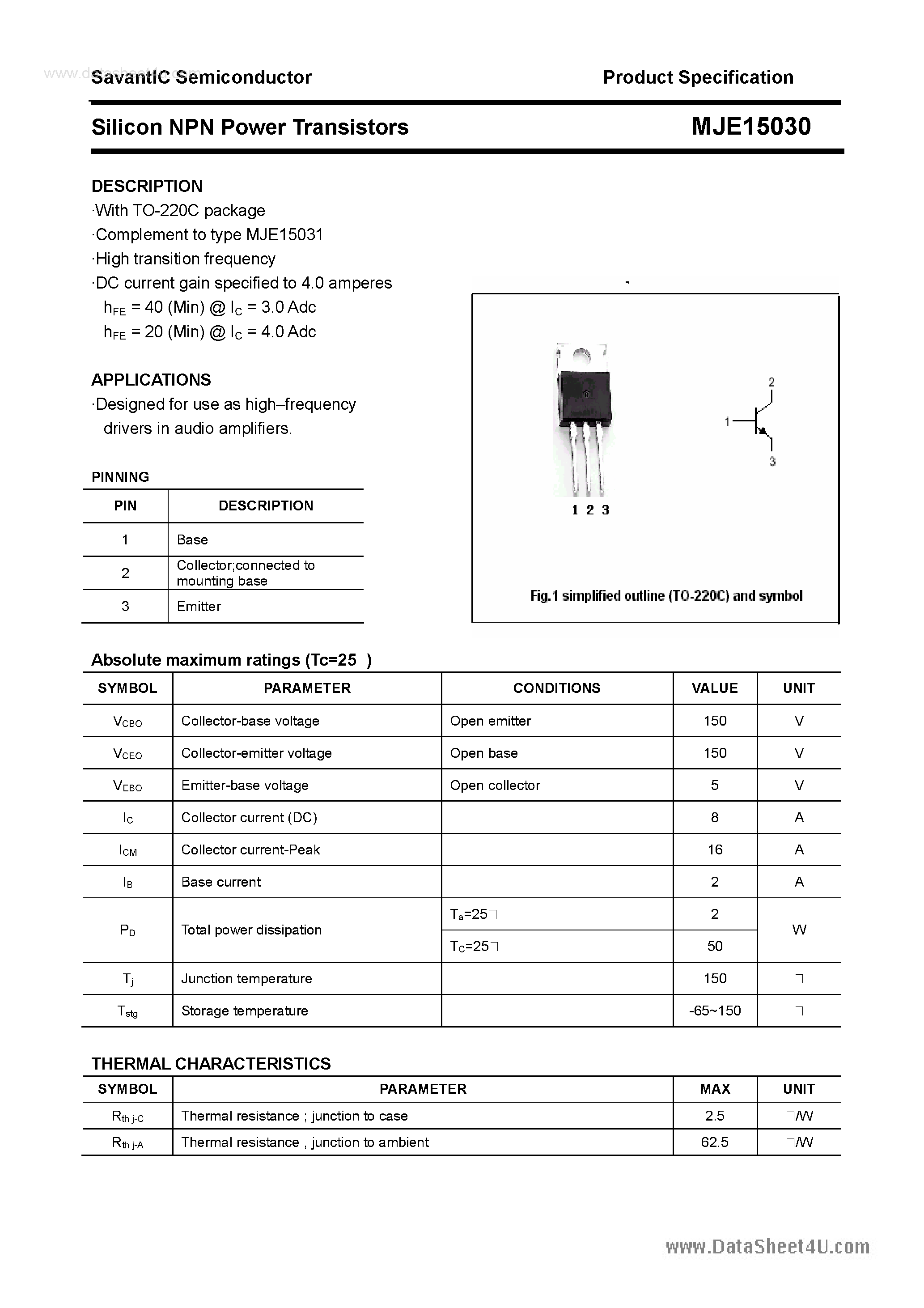 Datasheet MJE15030 - Silicon NPN Power Transistors page 1
