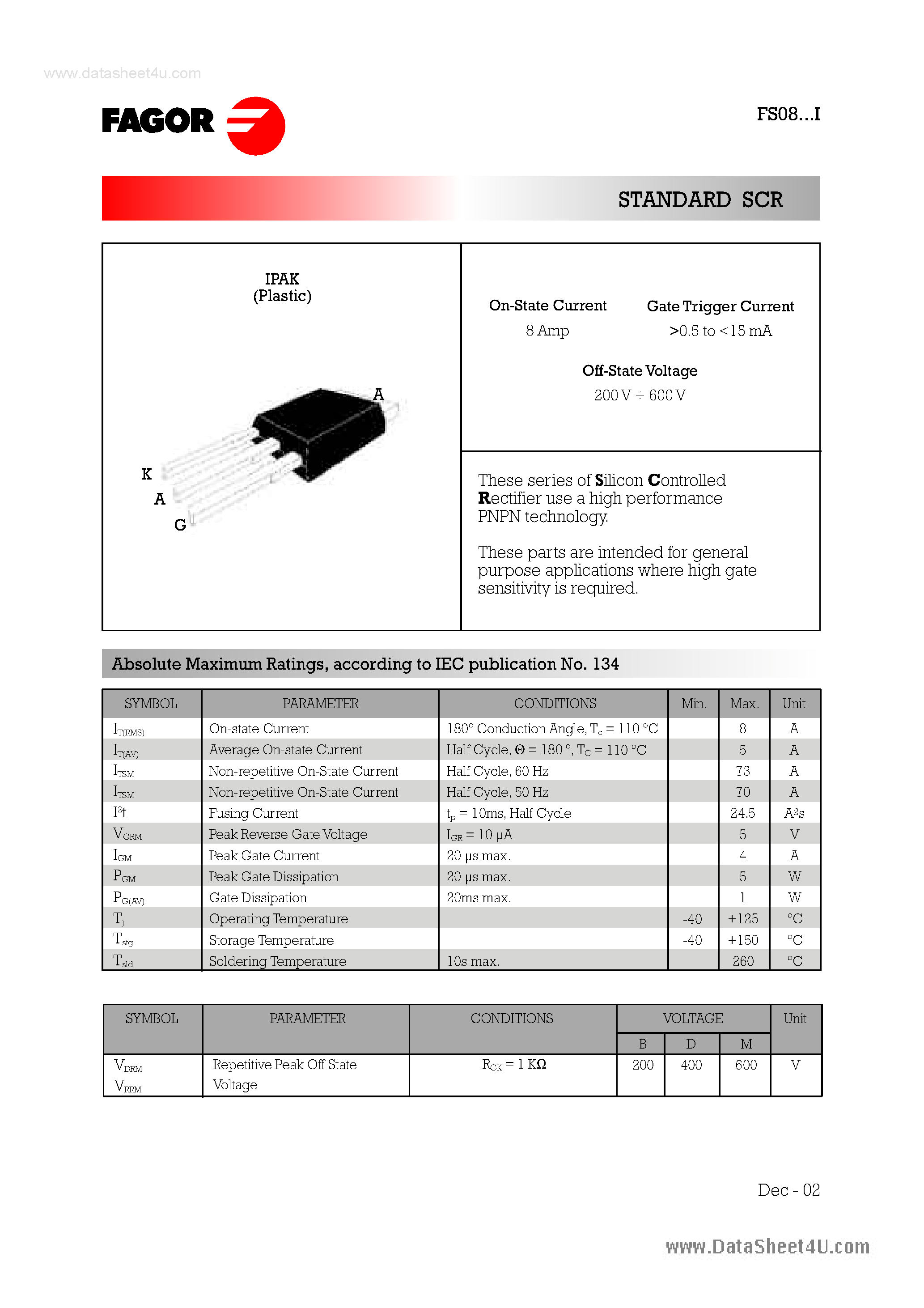 Даташит на микросхему FS08xxI страница 1 Даташит FS08xxI - Standard SCRs страница 1