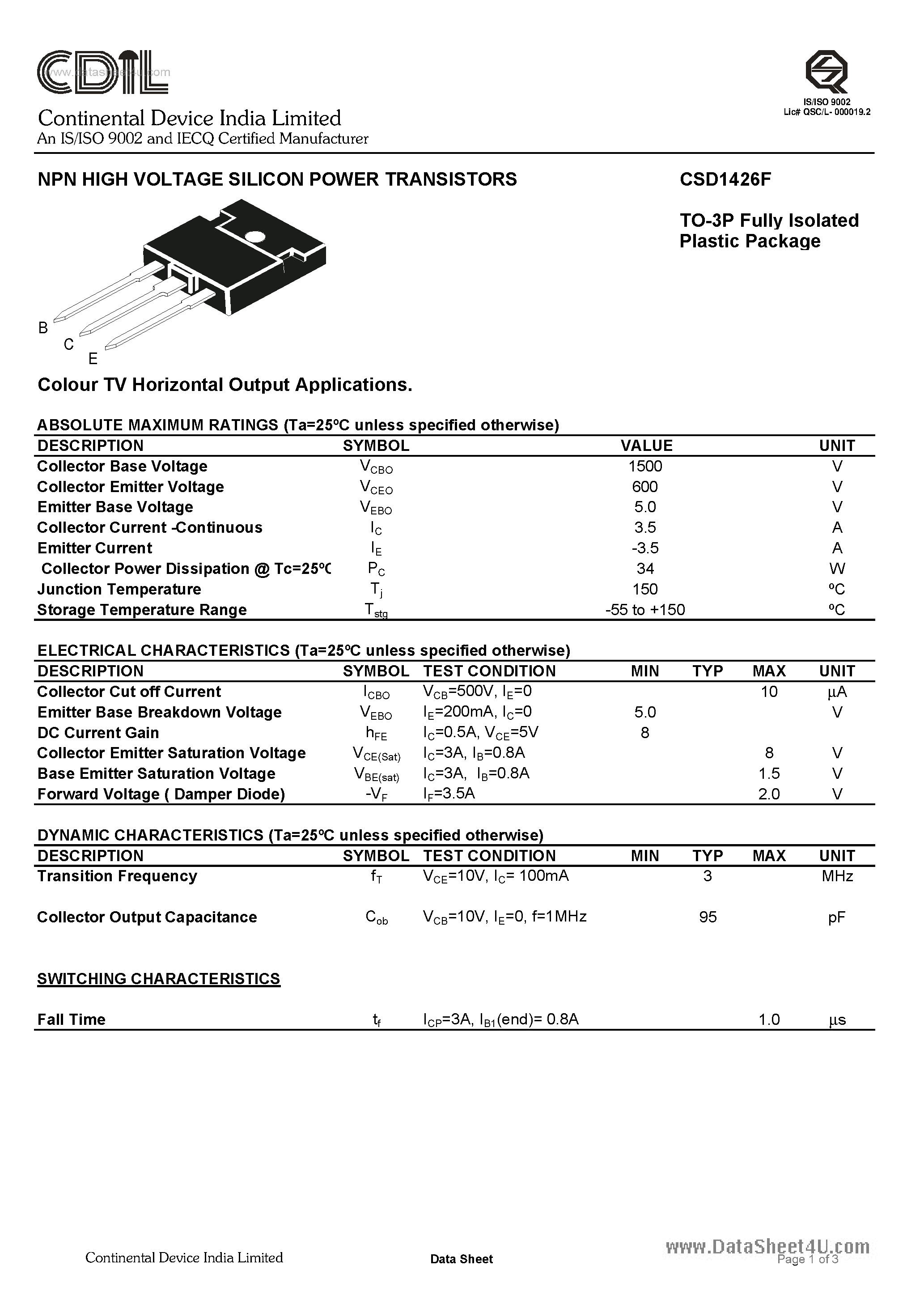 Даташит CSD1426F - NPN HIGH VOLTAGE SILICON POWER TRANSISTORS страница 1