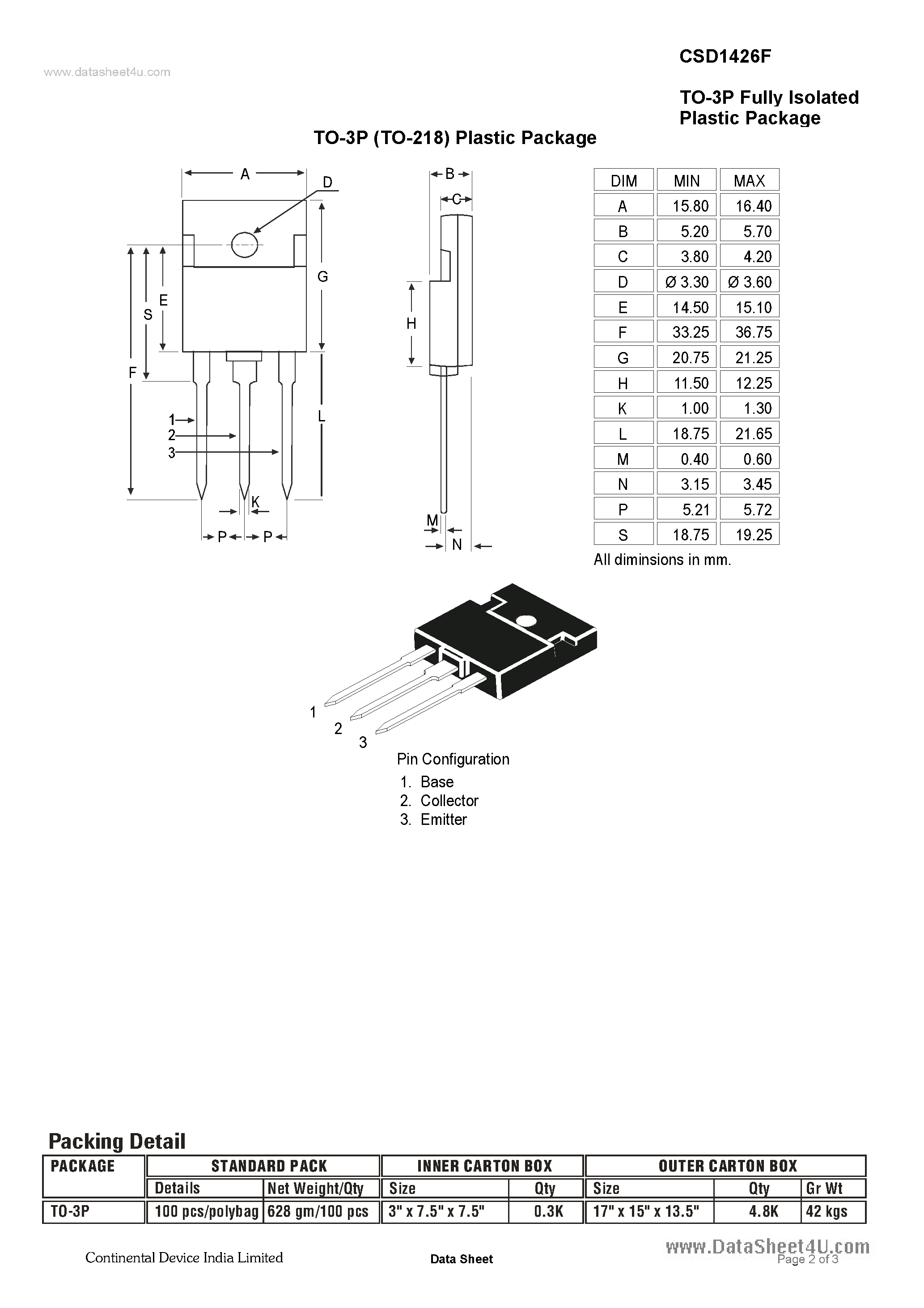 Даташит CSD1426F - NPN HIGH VOLTAGE SILICON POWER TRANSISTORS страница 2