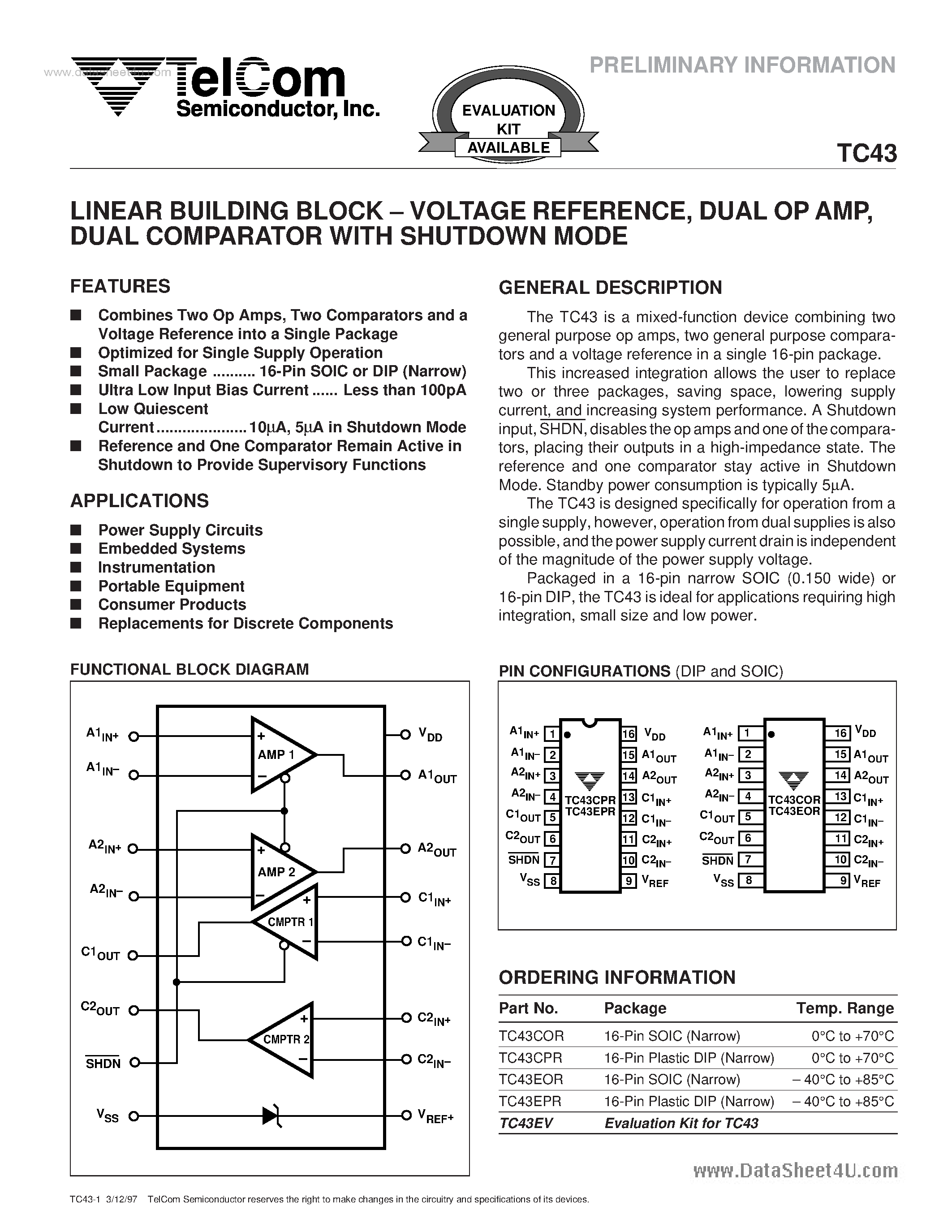 Даташит на микросхему TC43 страница 1 Даташит TC43 - LINEAR BUILDING BLOCK страница 1