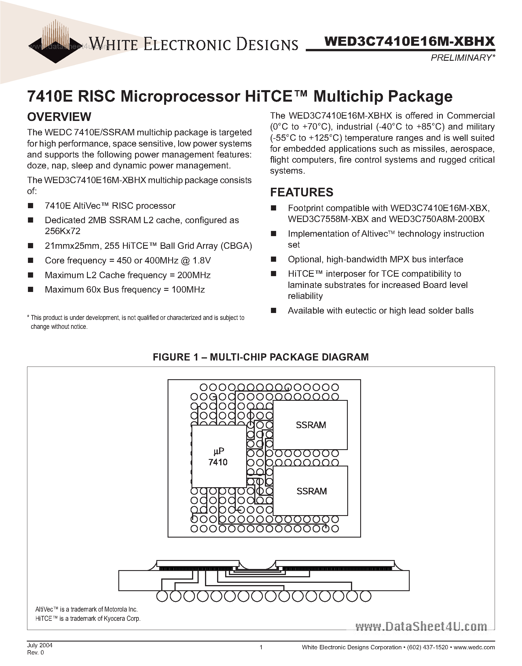 Даташит WED3C7410E16M-XBHX - 7410E RISC Microprocessor HiTCETM Multichip Package страница 1