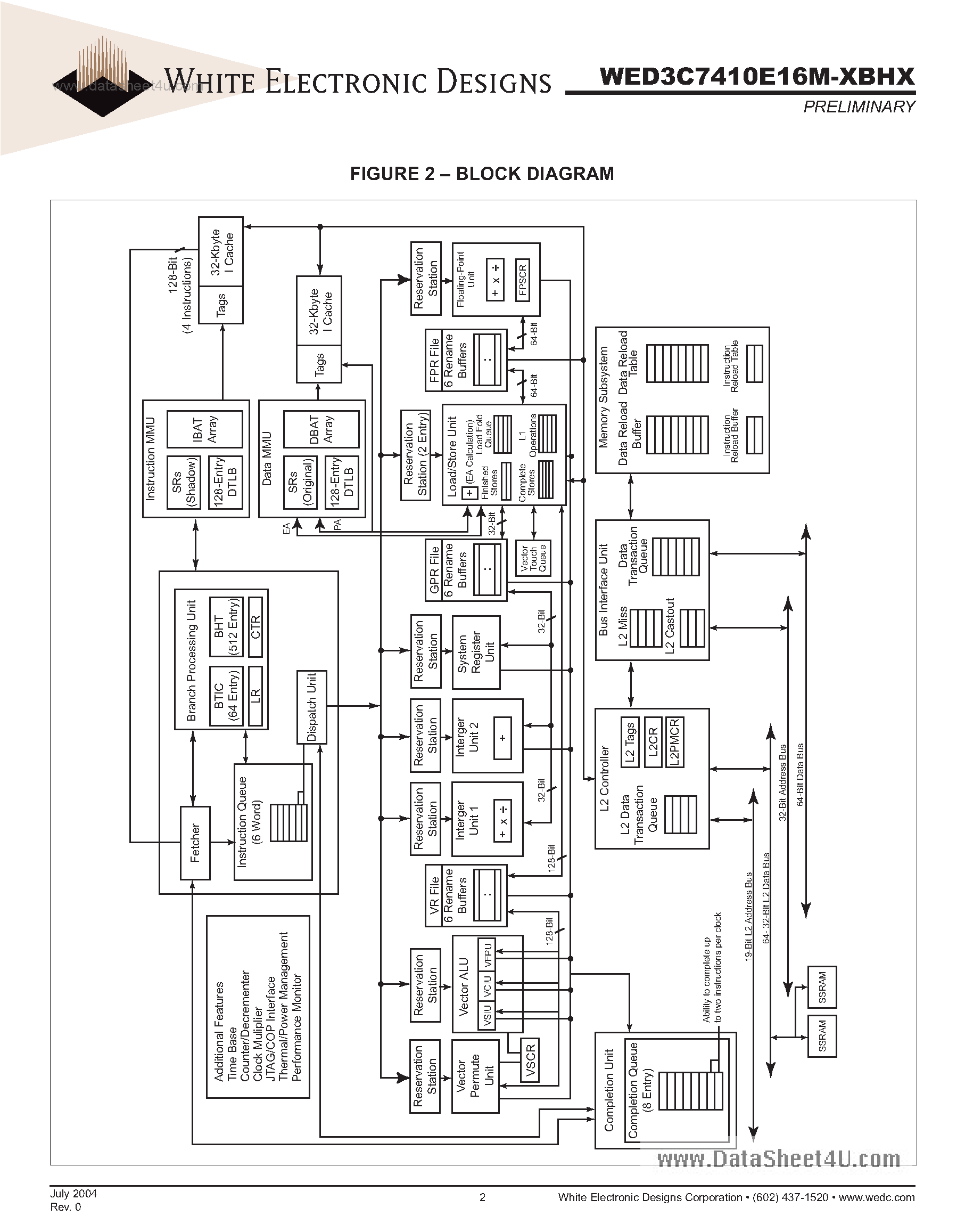 Даташит на микросхему WED3C7410E16M-XBHX страница 2 Даташит WED3C7410E16M-XBHX - 7410E RISC Microprocessor HiTCETM Multichip Package страница 2