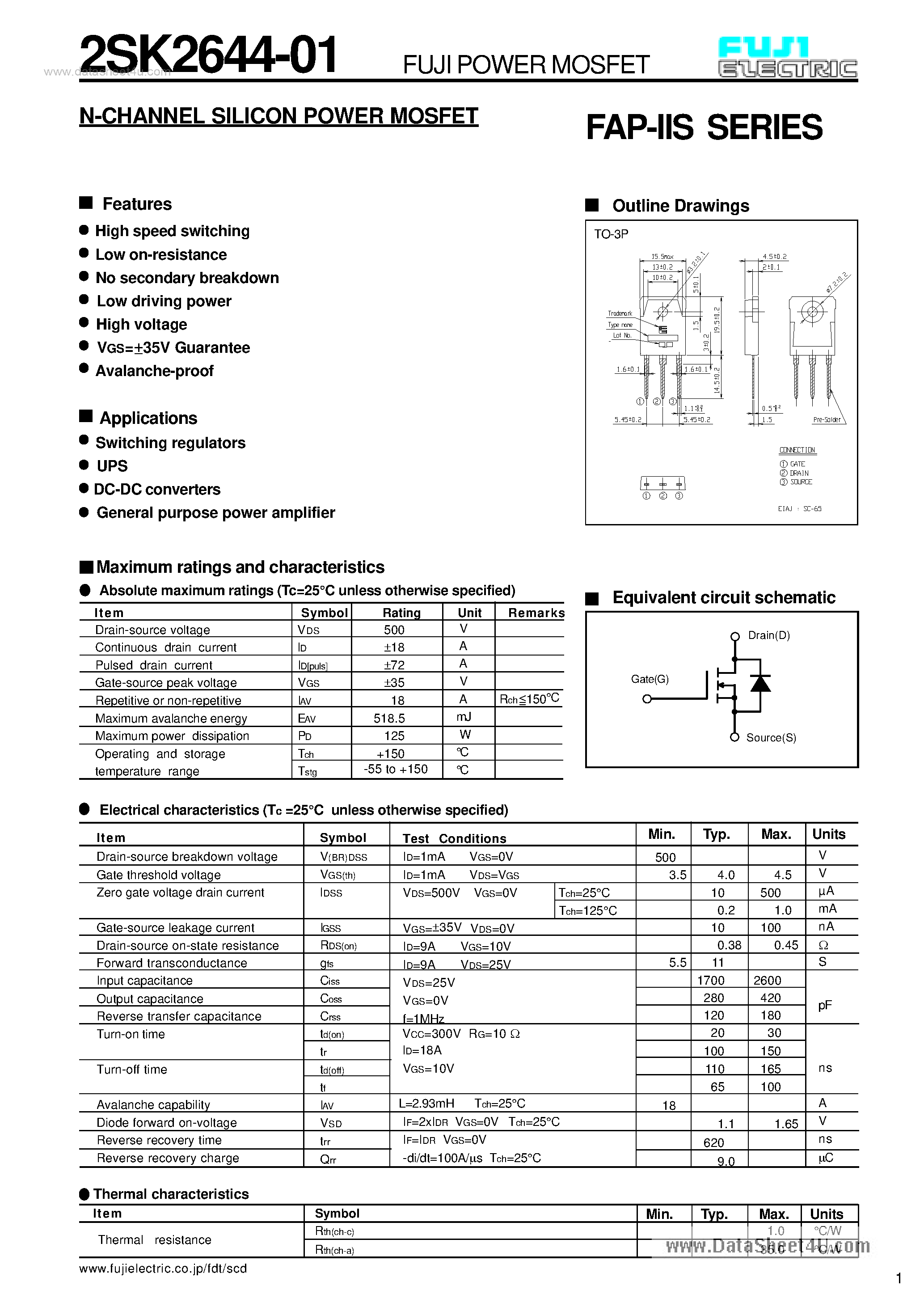 Datasheet 2SK2644-01 - N-CHANNEL SILICON POWER MOSFET page 1