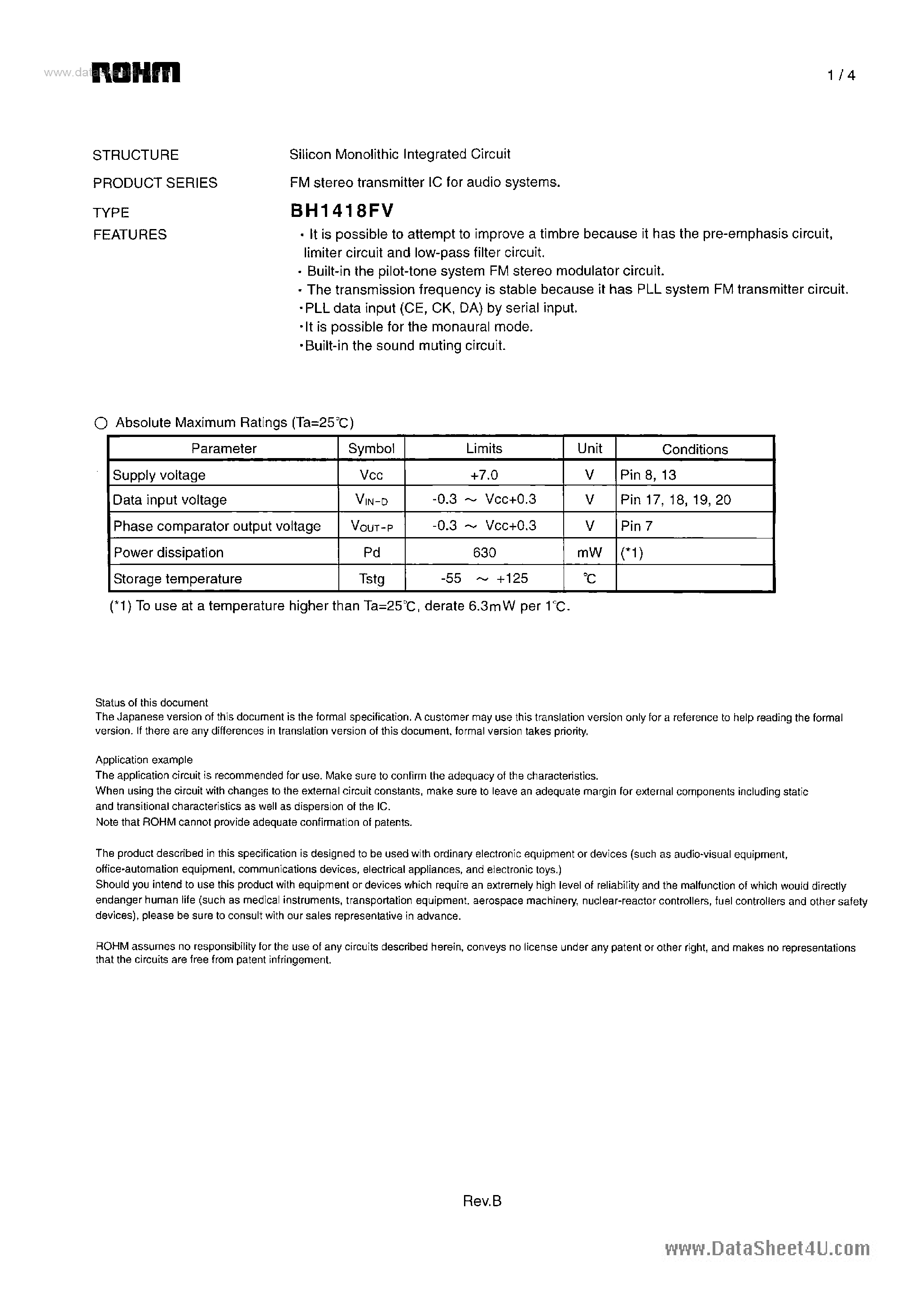Даташит BH1418FV - FM stereo transmitter IC страница 1