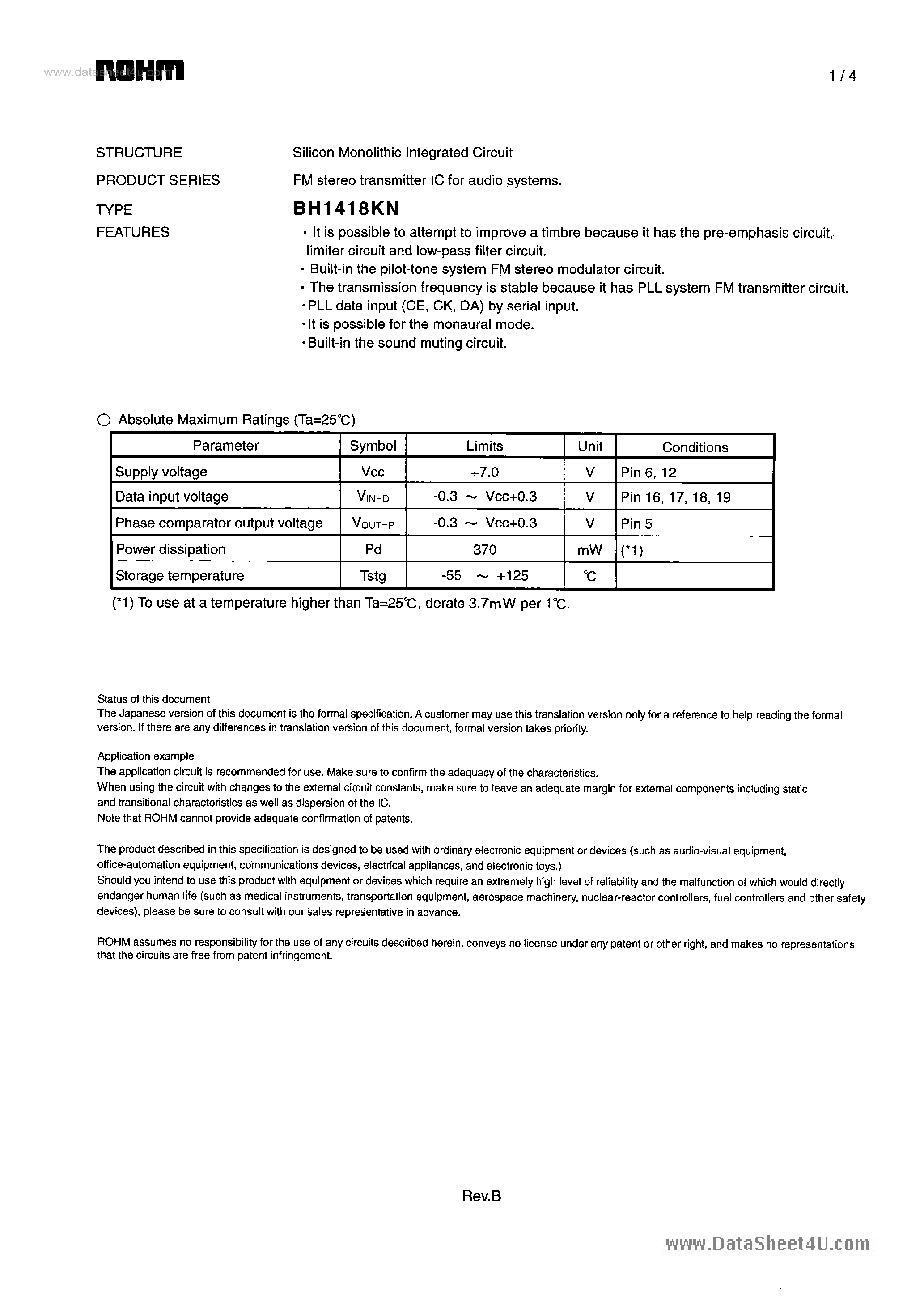 Даташит BH1418KN - FM stereo transmitter IC страница 1