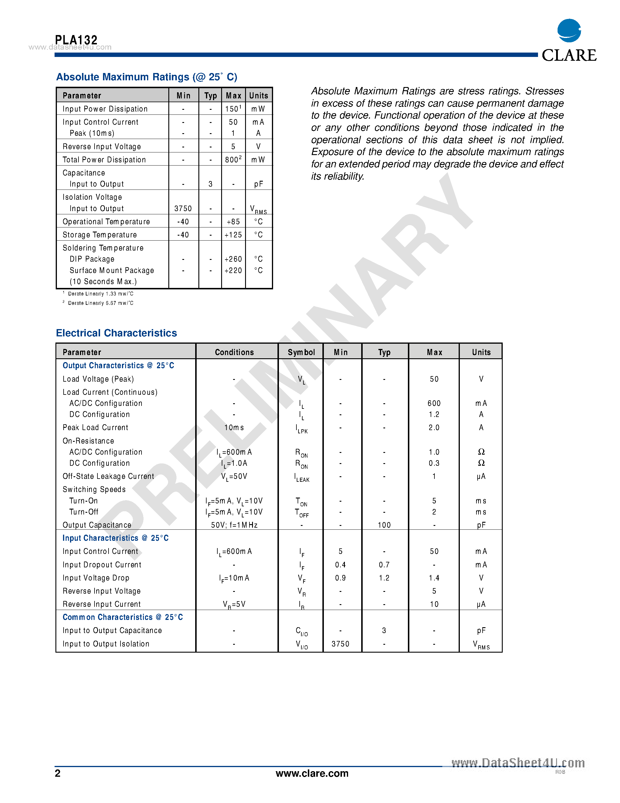 Даташит PLA132 - SINGLE POLE OptoMOS Relays страница 2