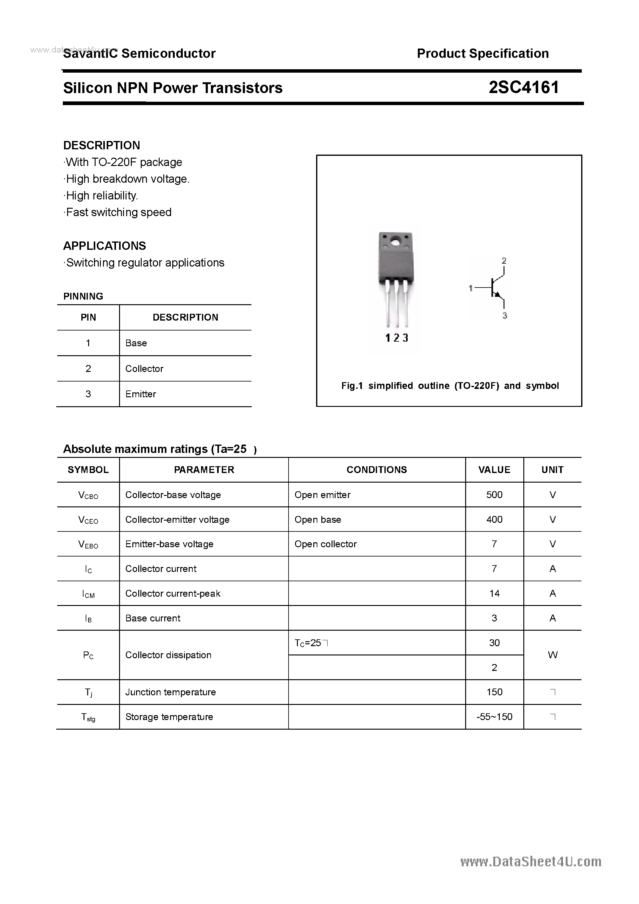 Datasheet 2SC4161 - SILICON POWER TRANSISTOR page 1