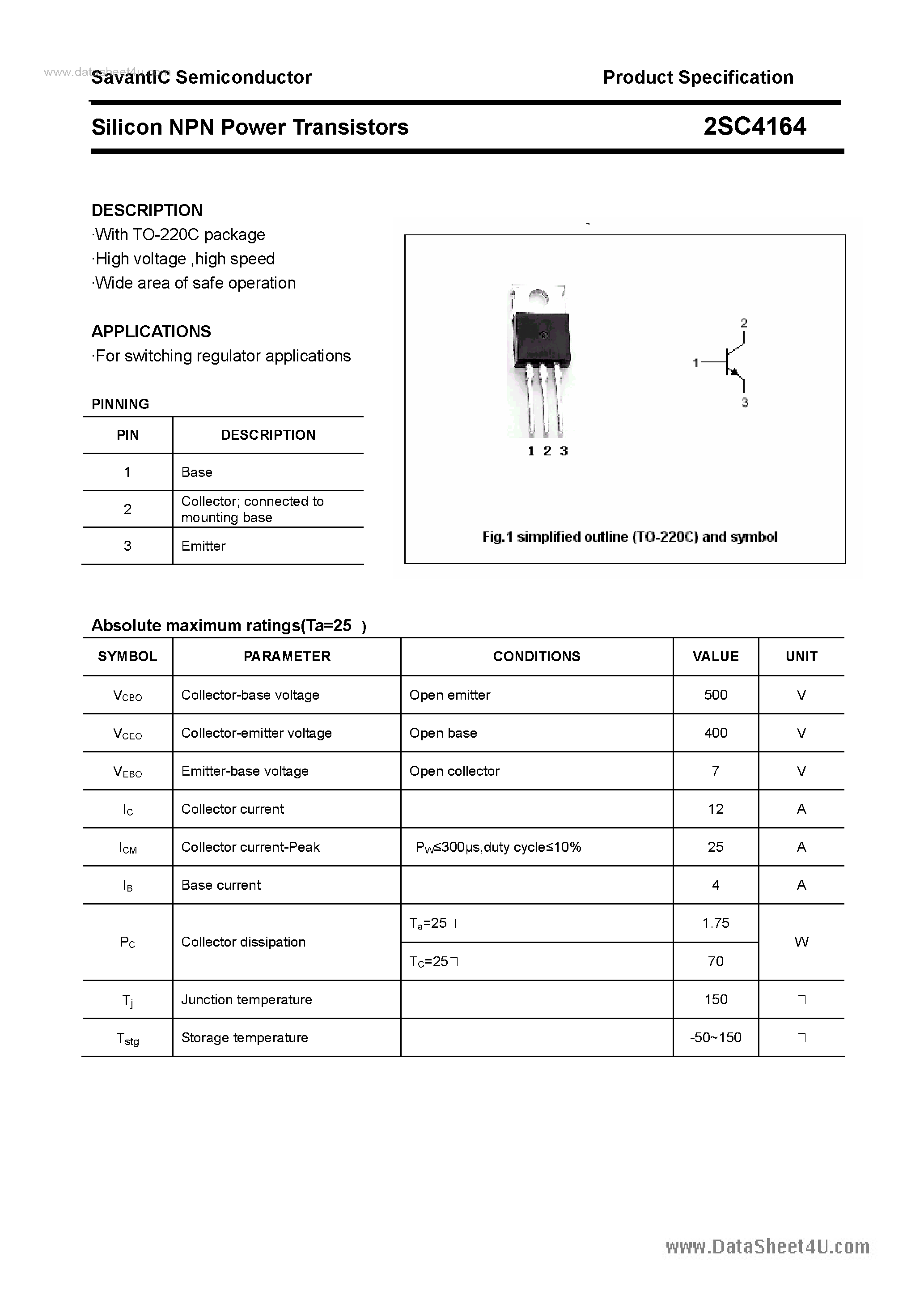 Datasheet 2SC4164 - SILICON POWER TRANSISTOR page 1